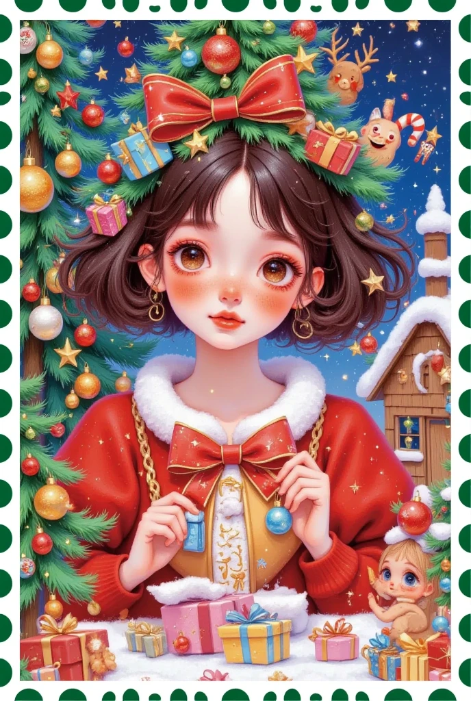 Christmas postcard，Beautiful women's words，Hair is decorated with gifts +Christmas tree+Hut+Gingerbread Man+Bow。Short hair，  beautiful face， skin details ，Finding an audience，In a cozy room。Official illustrations，cute，interesting。Pastel Painting，colored pencil sketch
