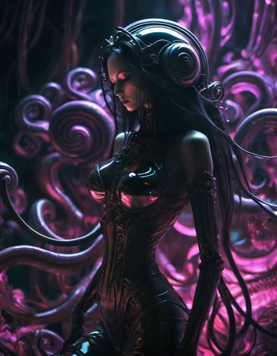 Black style, beautiful girl, dynamic action, long hairstyle, shiny, anatomy correct, rich background, film shooting, depth of field, super visual, HR Giger art, Beksinski art, blend in detail, skeleton, smoke, dark horror scene, sharp images, edge lights, terrifying environment, tentacles, twist, pulsate, neon lights, HDR lighting, complex shadows, distorted, mutant humanoid, surreal, dreamlike, fantasy creation, snail, biopunk nautilus, thrilling color scheme, amazing mutation, fractal, geometric pattern, transparent tentacles, luminescent organ ,Xill，