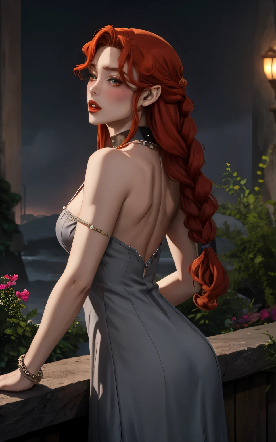 ((masterpiece,  Best Quality )), insaneres, absurdres, Alone,  Looking at the viewer, 
nightgown_Lenore _ownwaifu,
1 ,  long hair, red hair,  red eyes ,  pointy ears, Blush, breasts,  cleavage, lips, red lips, collarbone,  dams, lipstick, makeup, vampiro, Braid,  floating hair, 
jewelry, collar, pearl collar, bracelete, gray dress, bare shoulders, 
(vadear, ASS support), waterfall,   depth of field  , Vanishing point, garden,  Side lighting ,