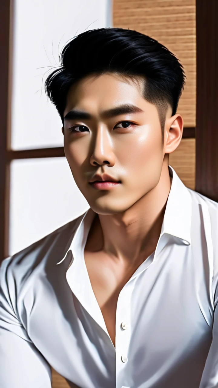 korean handsome guy asian guy, handsome big muscle, Big round eyes,  Men's shirt and black pants,  ,In the room , (orimale ) , (Orimura)