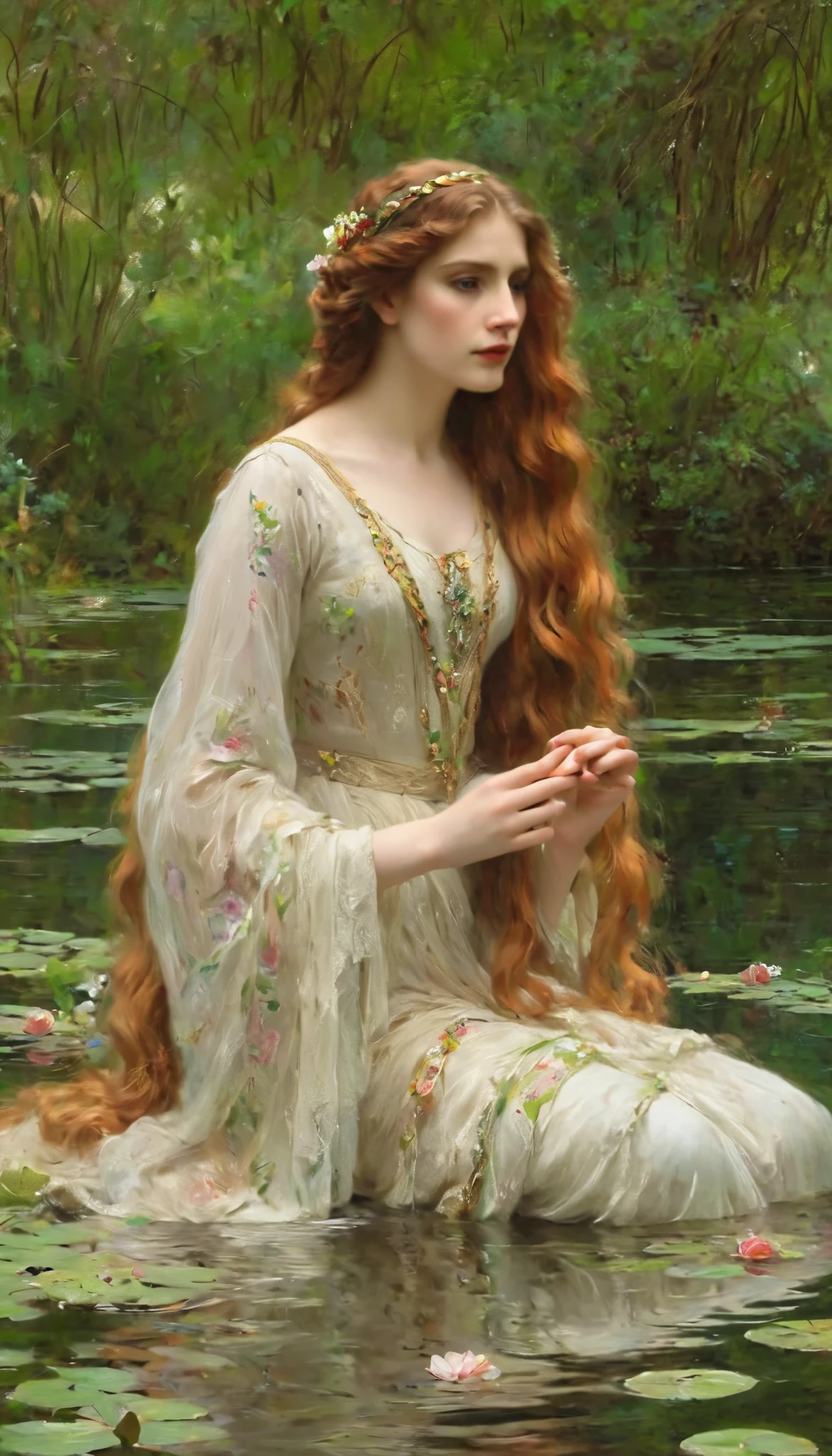 (Best Quality,4k,8K,hight resolution,Masterpiece:1.2),Ultra-detailed,(Realistic,Photorealistic,photo-realistic:1.37),oil painting,Omar Rayyan ,Beautiful detailed girl,sitting on a bench,Holding a flower,Klimt,many,Emil Vernons,illustartion,Shiny texture,Lush garden,Natural sunlight,dreamy atmosphere,bright colours,Graceful posture,Detailed facial features,curly hair,Delicate brushstrokes,Exquisite dress,Feminine elegance,artistic interpretation,Fantasy elements,Subtle emotions,Unearthly beauty,wistful expression,harmonious composition,Impressionistic style,Gold accents,ornate pattern. Draw inspiration from the Pre-Raphaelite painters like John Everett Millais, who captured the Victorian romanticism and emotional intensity of Shakespearean characters. Use a highly detailed, realistic style with rich, deep colors, focusing on Ophelia's expression and the lush natural setting around her. Paint a hauntingly beautiful depiction of Ophelia from Hamlet, inspired by her drowning scene in Act IV, Scene VII. Set her in a serene yet melancholic riverbank surrounded by lush greenery and overhanging willow trees. Her delicate figure lies partially submerged in calm waters, her flowing dress billowing around her, adorned with vibrant flowers she gathered. Her face reflects a mix of serenity and sadness, with her eyes open, gazing skyward. The water shimmers with soft, diffused sunlight, blending into the somber tones of twilight. The mood is both tragic and ethereal, with nature depicted in exquisite detail. lotus plants in the lake, and lotus buds