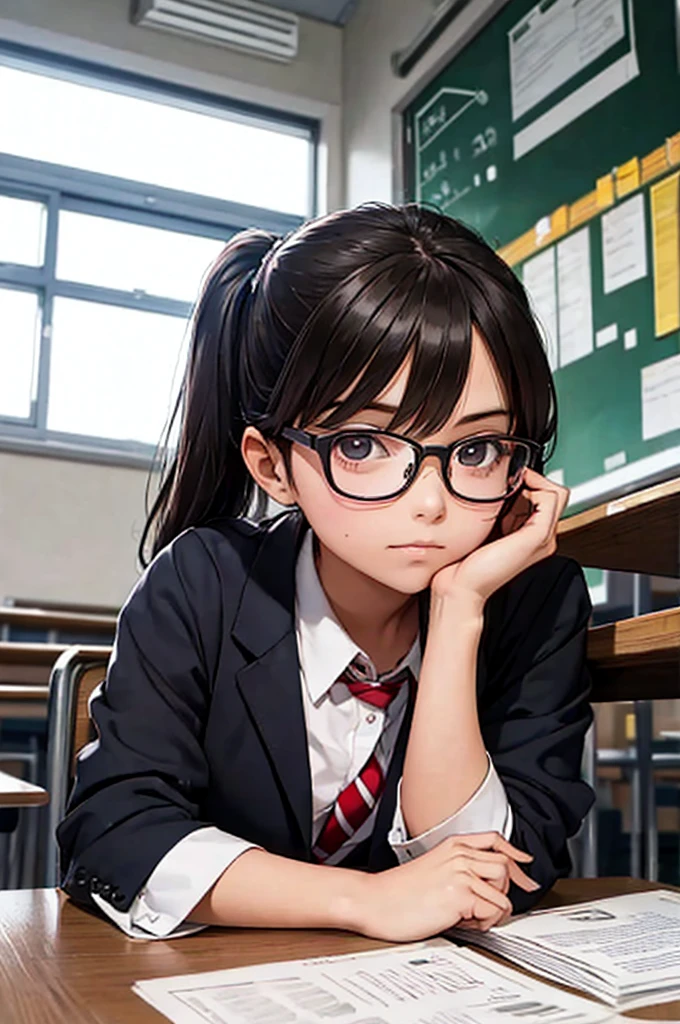 This picture shows a girl wearing glasses,  1 girl , Alone, School, 