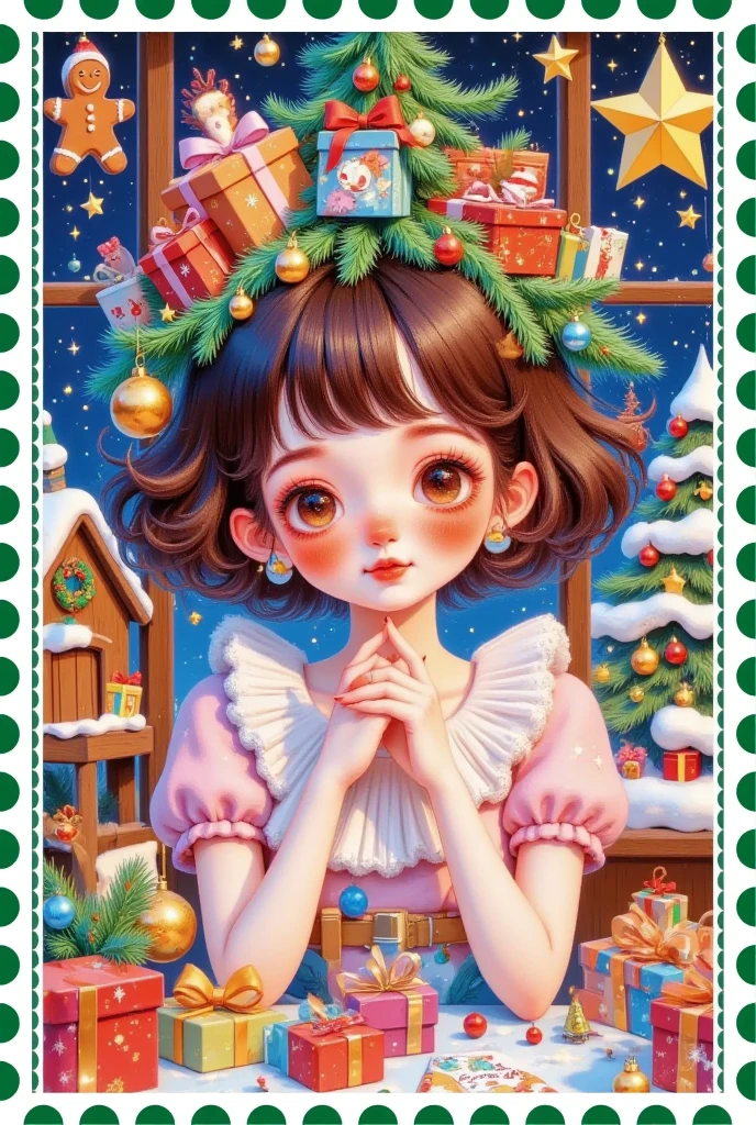 Christmas postcard，Beautiful women's words，Hair is decorated with gifts +Christmas tree+Hut+Gingerbread Man+Bow。Short hair，  beautiful face， skin details ，Finding an audience，In a cozy room。Official illustrations，cute，interesting。Pastel Painting，colored pencil sketch
