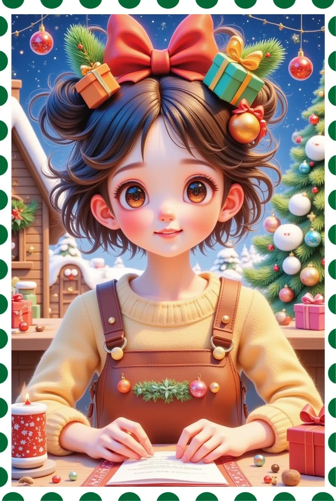 Christmas postcard，Beautiful women's words，Hair is decorated with gifts +Christmas tree+Hut+Gingerbread Man+Bow。Short hair，  beautiful face， skin details ，Finding an audience，In a cozy room。Official illustrations，cute，interesting。Pastel Painting，colored pencil sketch
