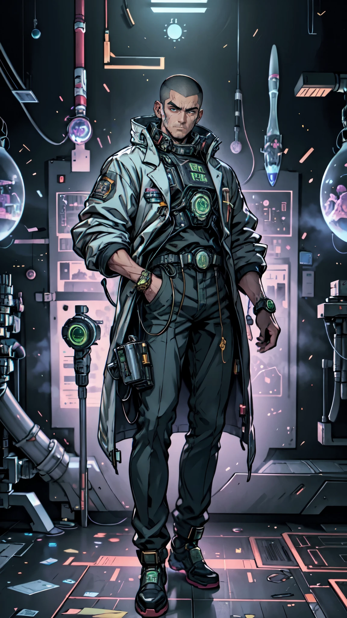 (masterpiece:1.2, best quality:1.2, extremely delicate:1.2), ((male:1.5)), a man with crew cut, calm and rational expression, thick eyebrows, wise gaze, mechanical tissue embedded in the face, a futuristic sci-fi-style high-collar scientist coat, the color scheme is primarily white with blue and purple accents, matching utility pants, the background is a mysterious ancient civilization laboratory, many green glowing culture tanks in the background, this character embodies a finely crafted futuristic sci-fi-style scientist in anime style, exquisite and mature Manga art style, dramatic, high definition, highres, ultra-detailed, ultra-fine painting, professional, perfect body proportions, golden ratio, anatomically correct, symmetrical face, extremely detailed eyes and face, high quality eyes, creativity, RAW photo, UHD, 32k, Natural light, cinematic lighting, (masterpiece-anatomy-perfect:1.2)