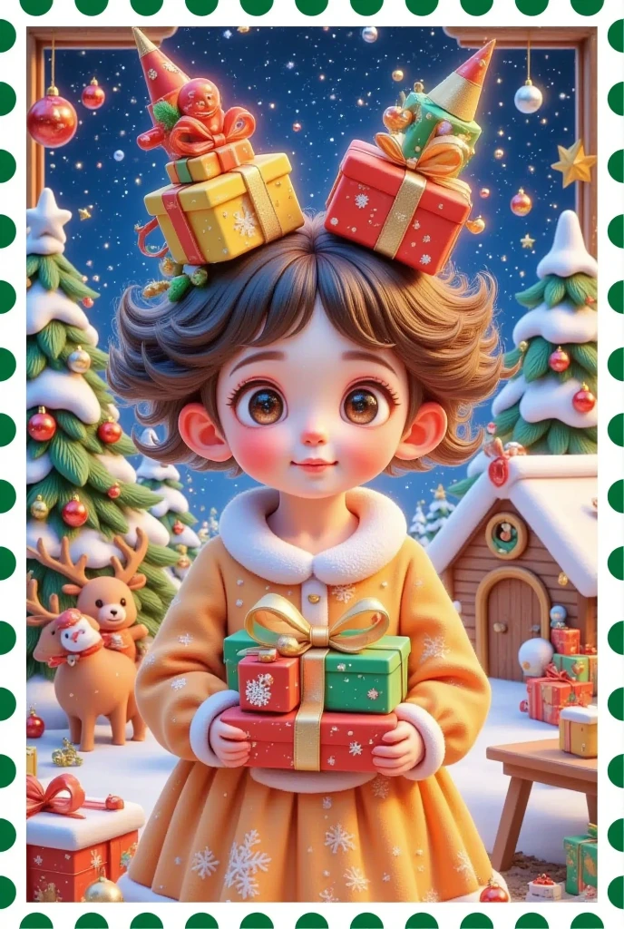 Christmas postcard，Beautiful women's words，Hair is decorated with gifts +Christmas tree+Hut+Gingerbread Man+Bow。Short hair，  beautiful face， skin details ，Finding an audience，In a cozy room。Official illustrations，cute，interesting。Pastel Painting，colored pencil sketch
