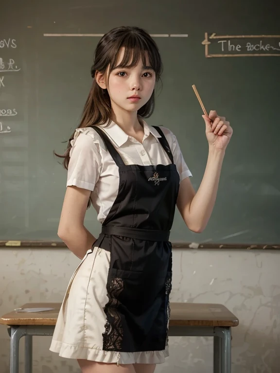 shape dark brown dress ,  white guipure lace apron  schoolgirl standing at the blackboard in class, answers lesson ,  realistic photo of the 70s , 