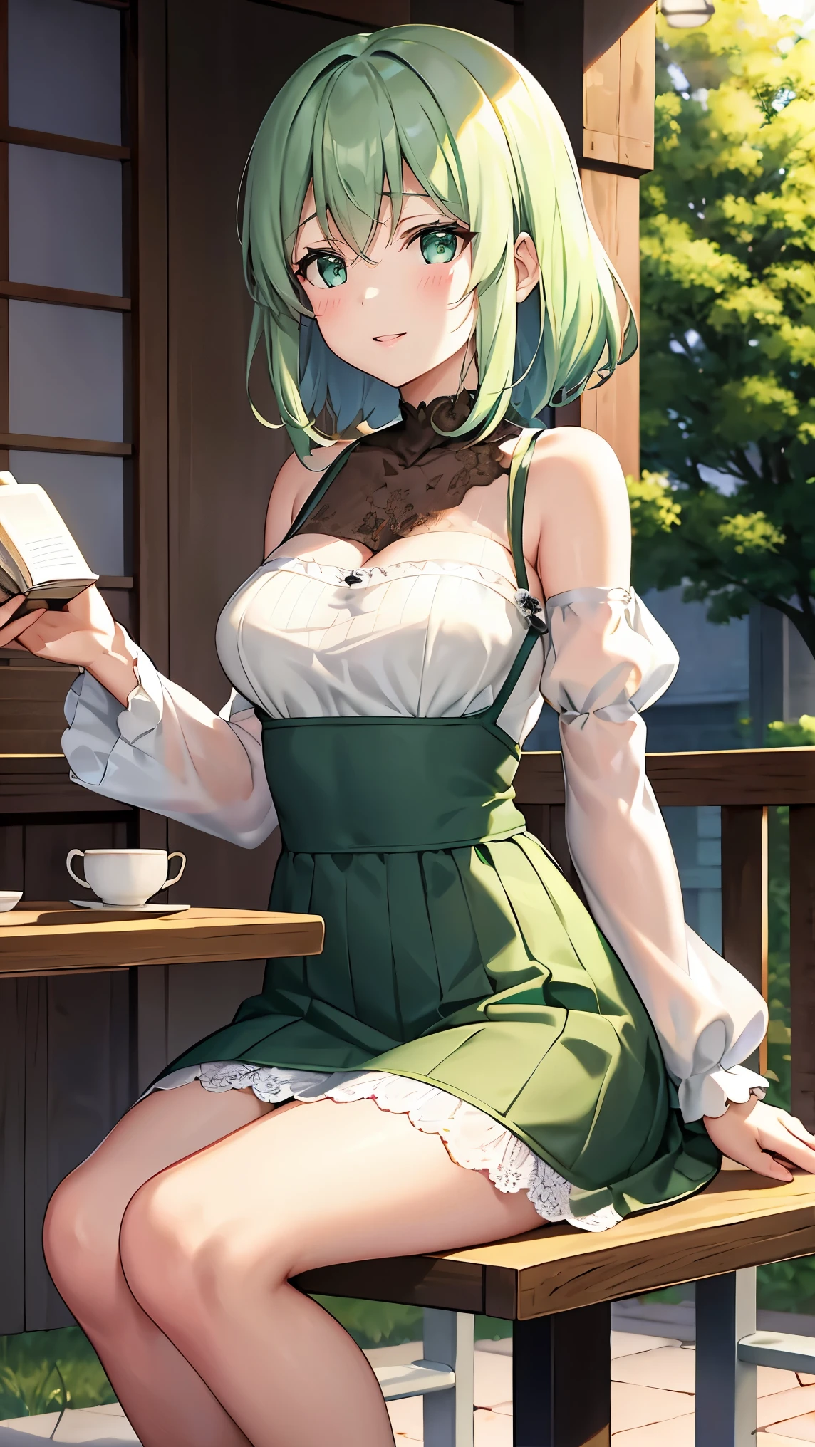  shoulder-length green hair,  Small Breasts , Small breasts、Green Eyes, 、(((Ladylike))), full body from head to toe 、、Shoulder knit、See-through patterned lace sleeves、Feminine clothing、、Chuckle、(( seated facing each other across the table from the viewer))、Cafe Date、 Afternoon Tea 、町にあるStylishなカフェ、Chatting and drinking tea at a cafe、Stylish、、Reading or studying 