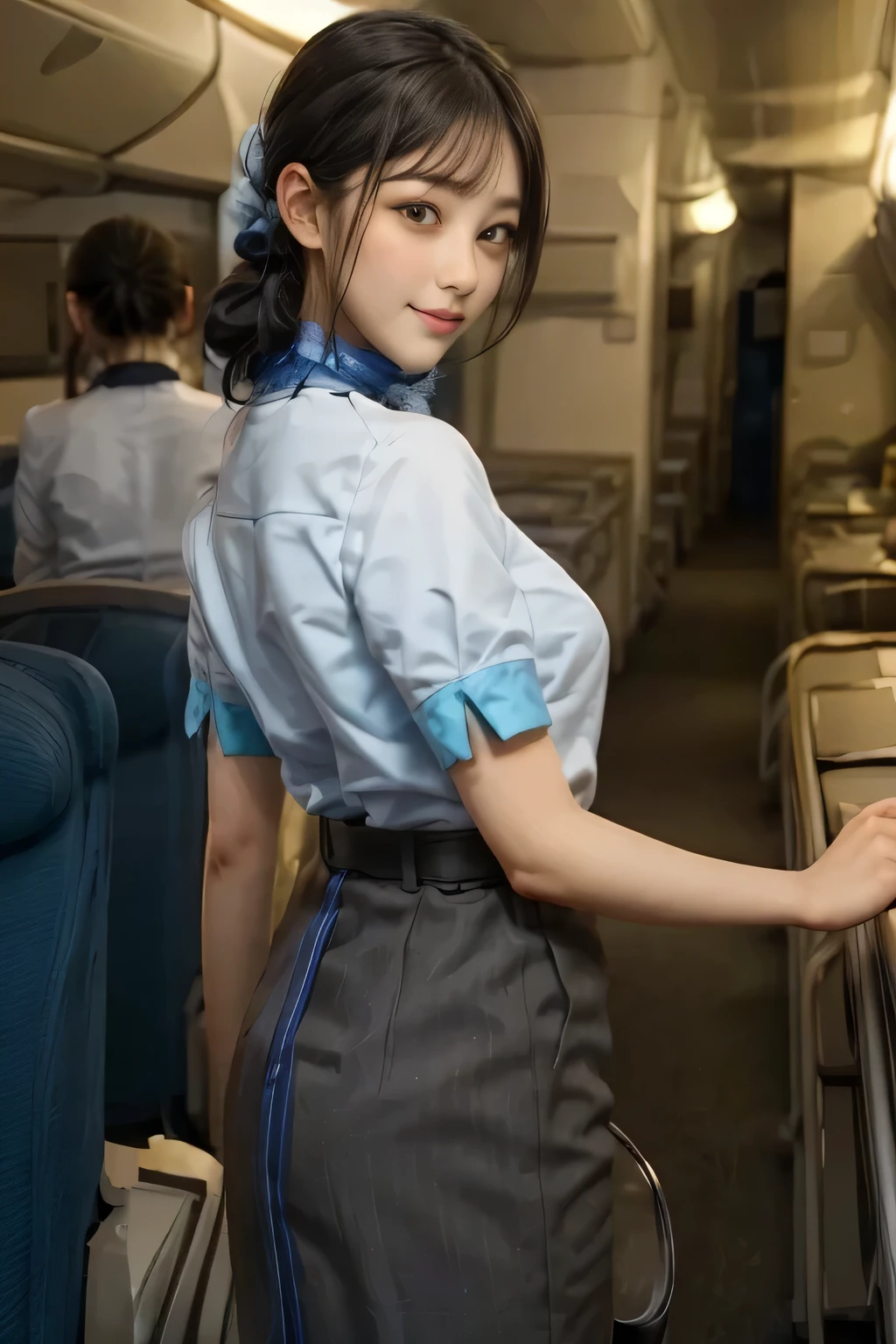 (masterpiece:1.2,  best quality:1.2), 32kHDR,  high definition, (Alone、  1 girl)、（ Rooftop of a building during the day 、 Professional Writing ）、 With the roof of a building in the background 、（ANA cabincrew uniform blueを着たリアルスタイル）、（（ANA cabincrew uniform blue blue short sleeve blouse 、ANA cabincrew uniform blue BLUE SKIRT WITH A BLUE LINE IN THE BACK、 Scarf around the neck ））、  lots of dark brown hair  、（Long Hair、Hair tied up、Hair tied up）、  lots of dark brown hair  、Long Hit、Big Breasts、Thin legs、（（ amazing hands：2.0）），（（  Harmonious body proportions against the background of a building roof ：1.5）），（（Normal limbs：2.0）），（（Usually ：2.0）），（（  delicate eyes ：2.0）），（（Normal eyes：2.0））)、smile、（ANA cabincrew uniform blueを見せた美しい後ろ姿）、Hands crossed underneath 