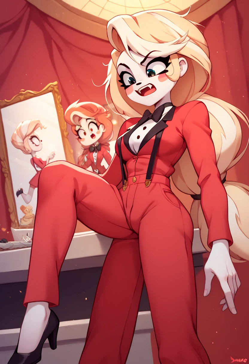 (masterpiece), best quality, high resolution, CharlieMorningstar, CharlieMorningstarXL, white skin, formal, red pajamas, charlie, black bowtie, red jacket, red pants, white shirt, formal, red pajamas, black bow, casual, messy hair, white shirt, short sleeves, suspenders, red dress, fangs, sexy, blush, by Diives, blush stickers, 1leg up