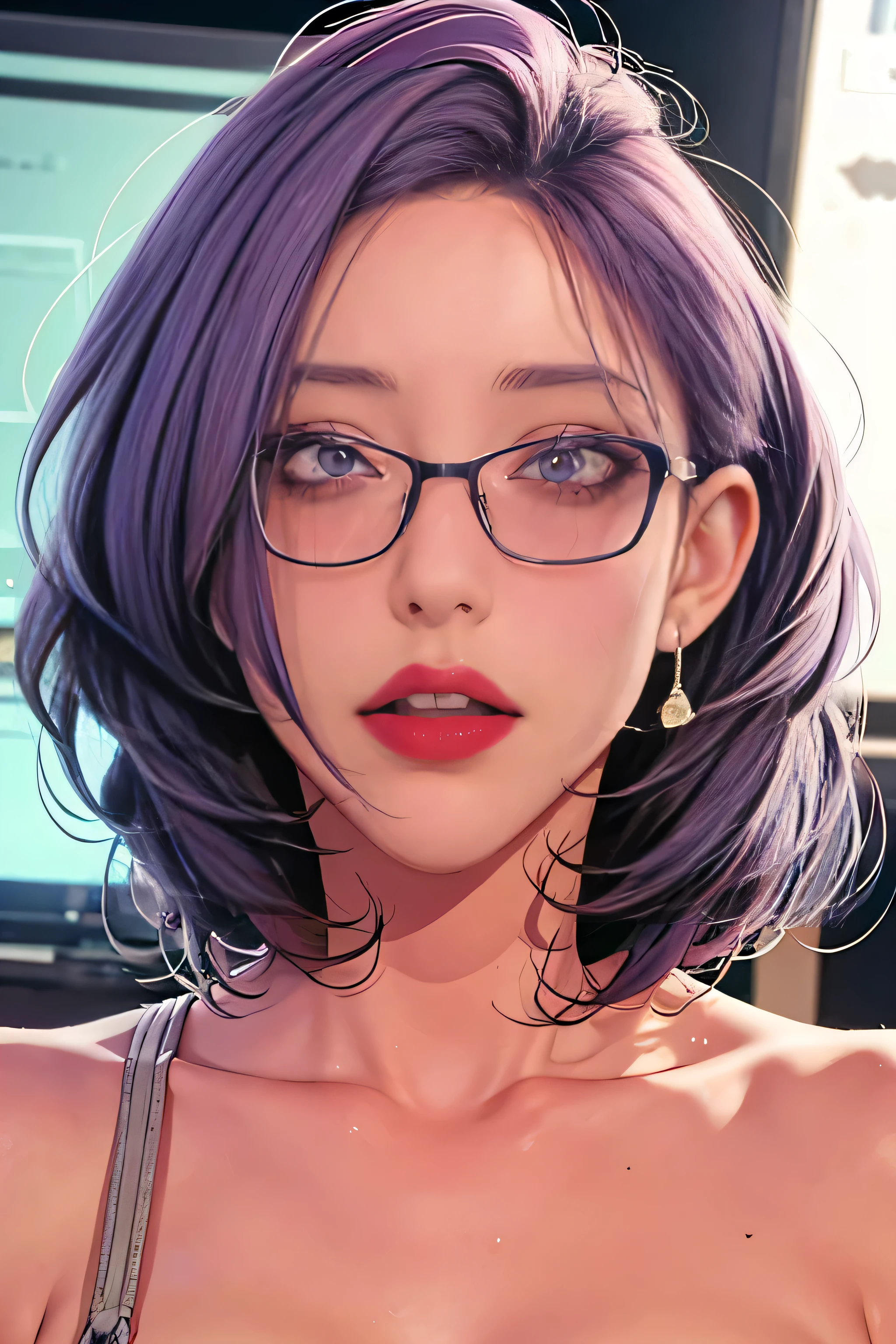 1girl, hyper-detailed, masterpiece, best quality, 8k, photorealistic, studio lighting, intricate details, beautiful detailed eyes, beautiful detailed lips, long eyelashes, purple hair, short hair, purple eyes, glasses, JMT