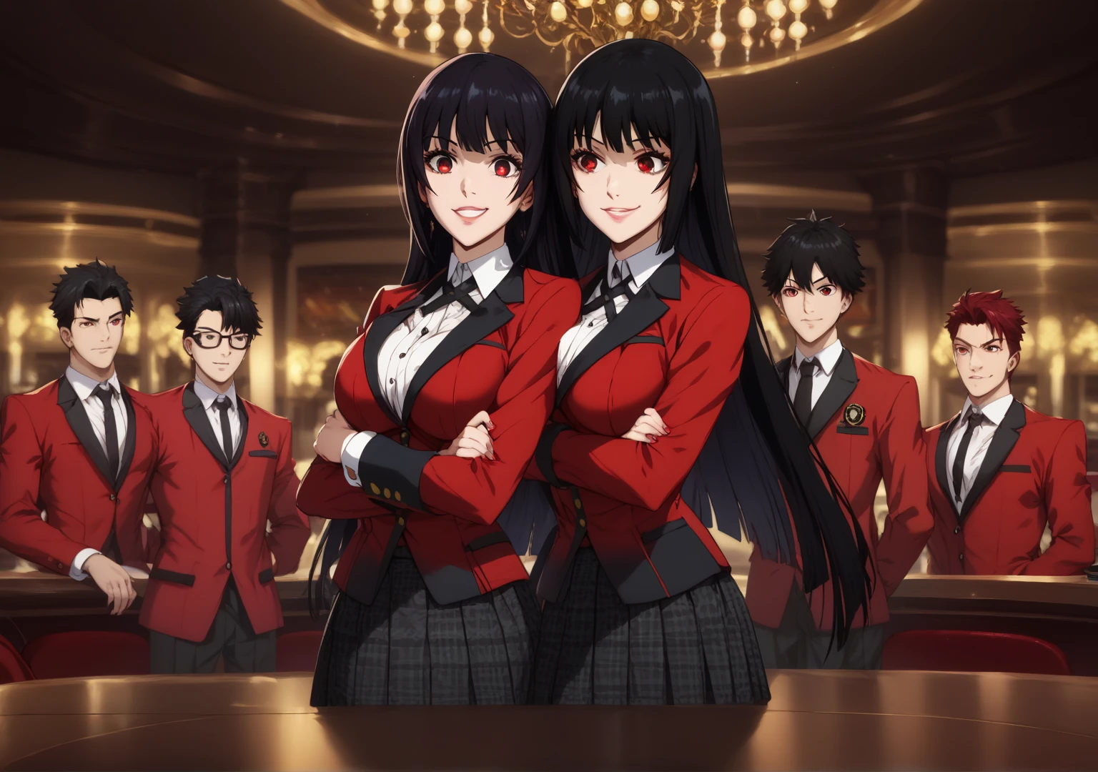 (( top quality )), (( Masterpiece)), (Familiar with),  perfect face, eyelash , Big eyes, background, Casino, Kakegurui, Yumeko,  school uniform, Bangs,  Red Long Sleeve Outerwear, Black hair, Red eyes,  black eye, Black skirt, Black long tights , Smile like a winner , Cross your arms