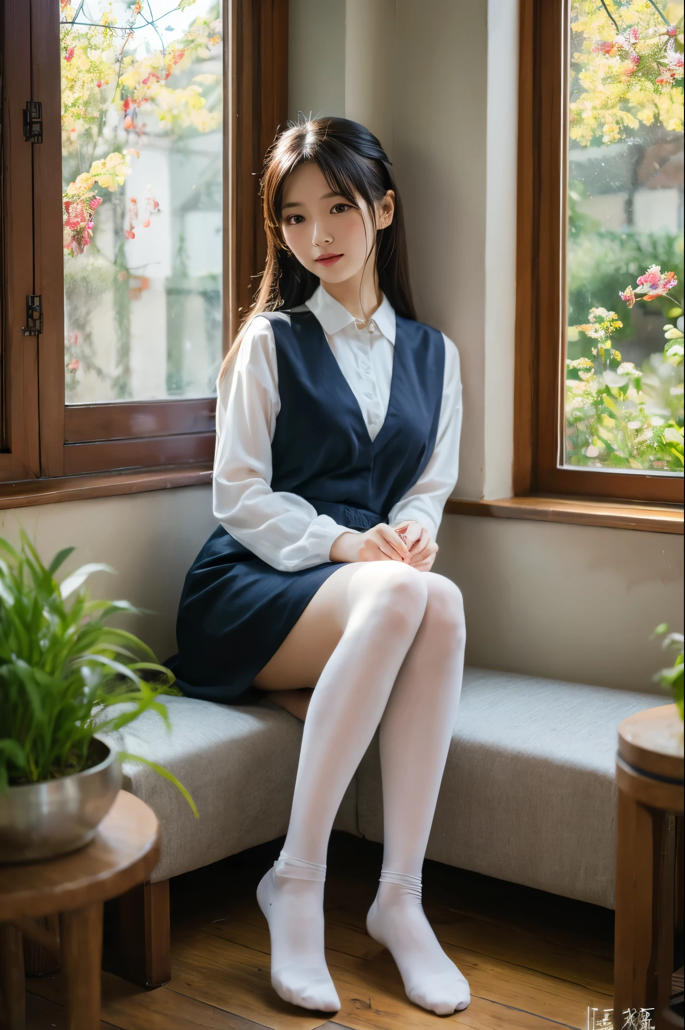 girl8620 \(Maitetsu\),masterpiece, best quality, ultra-detailed, illustration,looking at viewer,white chinese clothes,:d,sitting,(Impressionism:1.4),black stockings