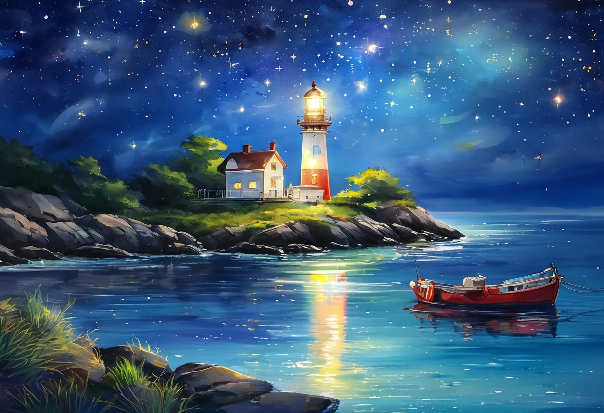  Light Color Painting , Lighthouse, Night Sky,  Starry Sky, Quiet Sea, Lighthouseの光, Reflective water surface, moonlight