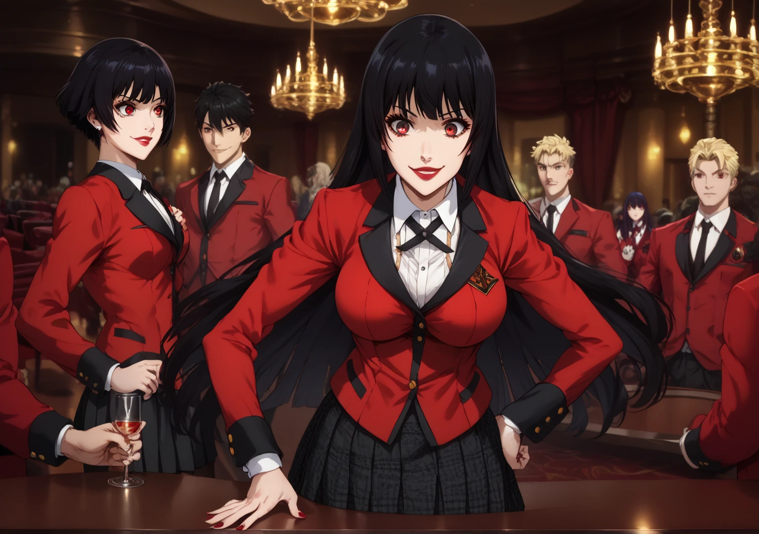 (( top quality )), (( Masterpiece)), (Familiar with),  perfect face, eyelash , Big eyes, background, Casino, Kakegurui, Yumeko,  school uniform, Bangs,  Red Long Sleeve Outerwear, Black hair, Red eyes,  black eye, Black skirt, Black long tights , smile, Red lips