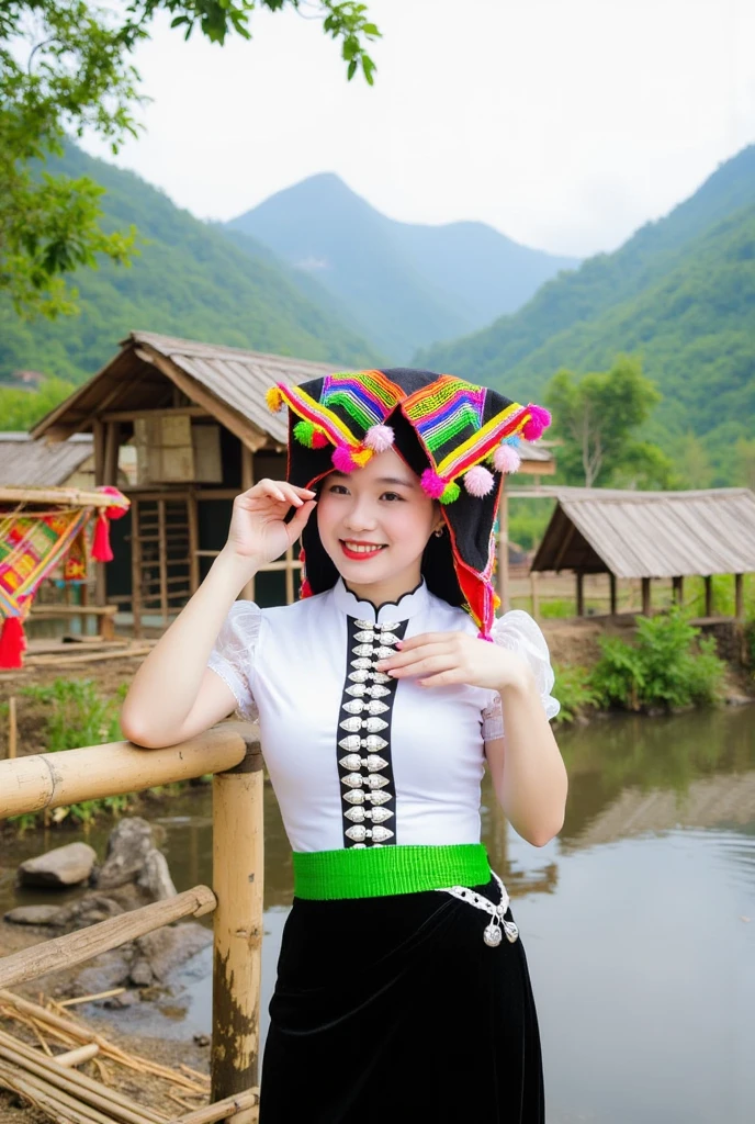 ctai, dantocthaitrang,A young woman dressed in traditional Vietnamese ethnic Thai costume poses outdoors near a peaceful river with a wooden water wheel and a backdrop of lush green hills. She is dressed in a vibrant outfit with a colorful, intricately patterned headdress decorated with tassels and pom-poms, a white embroidered blouse and a black skirt with a green elastic waistband. The vibrant backdrop with natural beauty, including bamboo structures and red decorations on nearby trees, gives the scene a lively and cultural atmosphere
