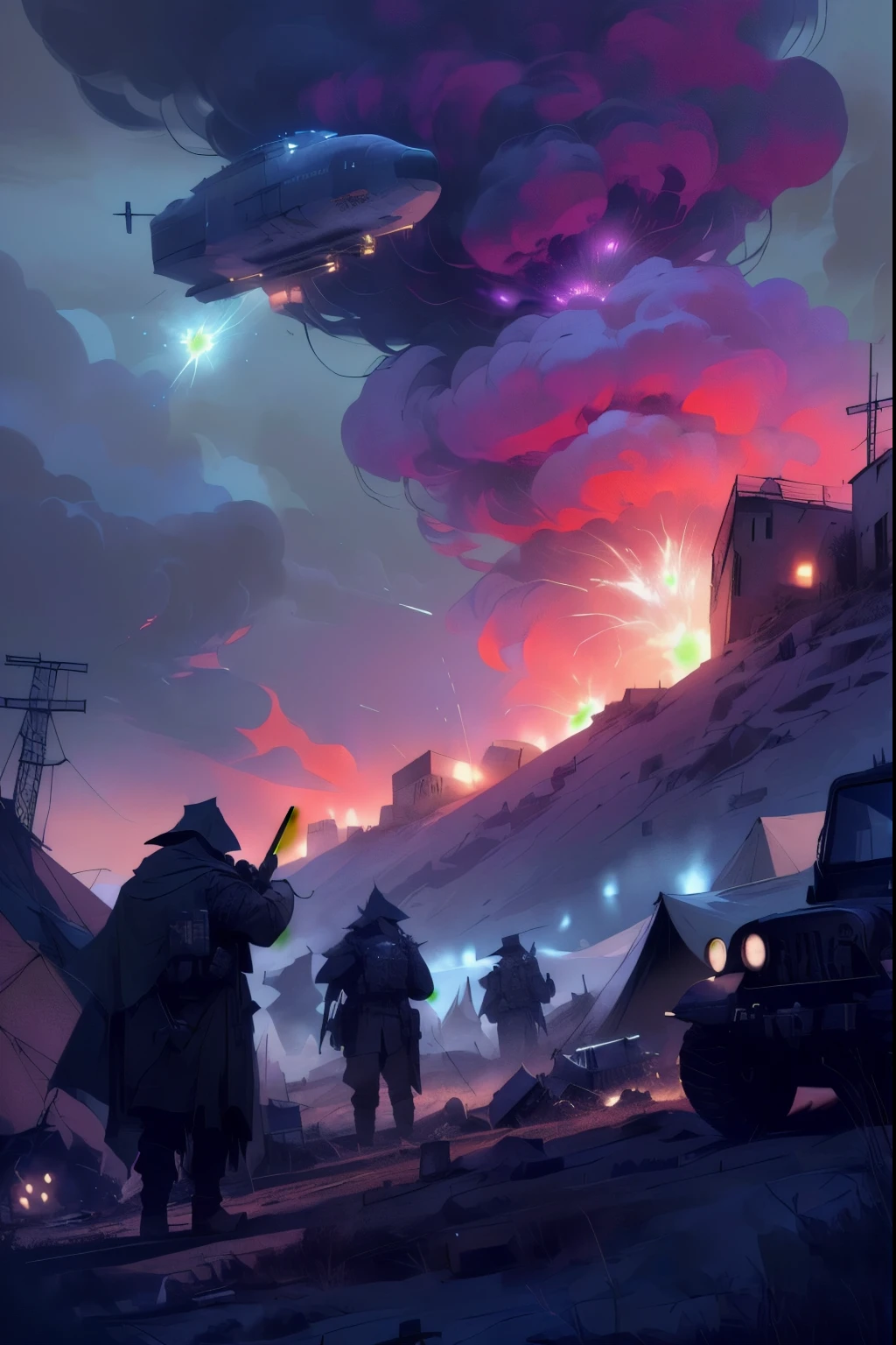 a small military encampment with watchtowers and tents and jeeps being bombed to hell with airships/blimps/zeppelins in a modern-day zombie apocalypse, at night, flashy colorful explosions, purple and green and crimson explosions in the small military base, very artistic composition. flat shading, drawing outlines, apocalyptic, cinematic scene, at an artistic angle, very dramatic, people wearing disheveled robes and armor cresting a hill to rush the small military encampment with guns