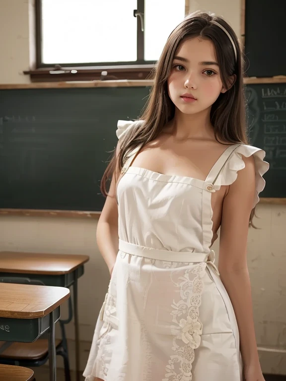 shape dark brown dress ,  white guipure lace apron  schoolgirl standing at the blackboard in class, answers lesson ,  realistic photo of the 70s , 