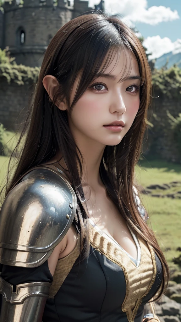 1 japanese girl, (( masterpiece)), (Detailed),  perfect face , elven warrior, He wears black armor, ruined castle in the background, cloudy environment, Close-up image