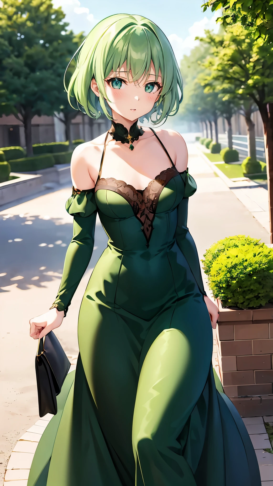  shoulder-length green hair,  Small Breasts , Small breasts、Green Eyes, 、(((Ladylike))), full body from head to toe 、 Randomly create clothes, hairstyle, facial expressions, poses, locations, and backgrounds、 imaginary、Draw from a random angle 、Age is also random 、The physique is also random 、