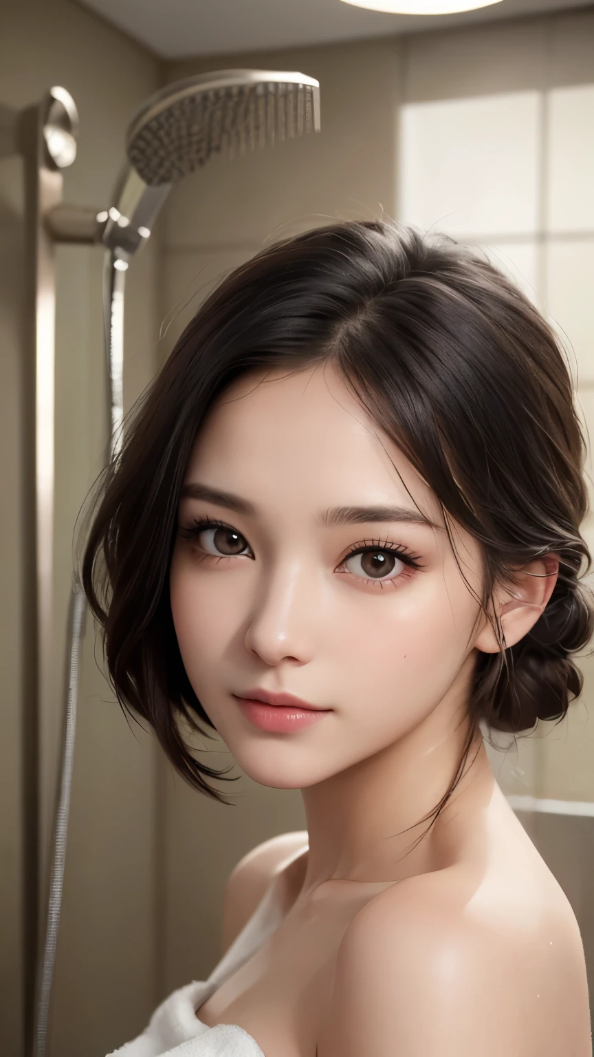 Extremely cute, amazing face and eyes, (extremely detailed beautiful face), (Ultra realistic), (highly detailed eyes, highly detailed hair, highly detailed face, highly detailed plump lips), breasts, upper body, cute smile, (best quality:1.4), Raw photo, (realistic, photo-realistic:1.37), professional photography, cinematic light, Masterpiece, (Realistic:1.2), 1 girl, Detailed face, Beautiful eye masterpiece:1.3), (fine detailed beautiful eyes: 1.2), (Extremely detailed Cg Unity 8K wallpaper, Ultra-detailed, Best shadow), (Detailed background), (Beautiful detailed face, Beautiful detailed eyes), High contrast, (Best illumination, An extremely delicate and beautiful), Dynamic Angle, beautiful detailed glow, Cowboy shot, Glowing, Ultra high quality, (photograph:1.2), (Highest image quality:1.4), ultra high resolution, (detailed facial features), (Detailed garment features), 8K resolution, solo focus, 20 year old, small face, no makeup, bangs, (realistic beautiful skin), charming, High definition, middle bre, cool beauty, ((naked towel, shower room))
