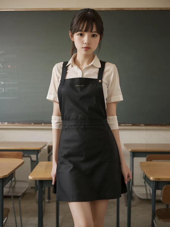 shape dark brown dress ,  white guipure lace apron  schoolgirl standing at the blackboard in class, answers lesson ,  realistic photo of the 70s , 