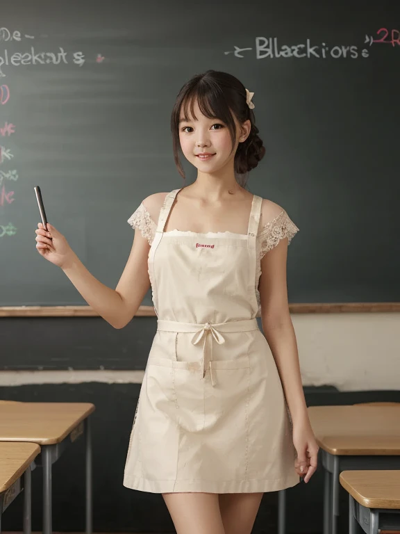 shape dark brown dress ,  white guipure lace apron  schoolgirl standing at the blackboard in class, answers lesson ,  realistic photo of the 70s , 