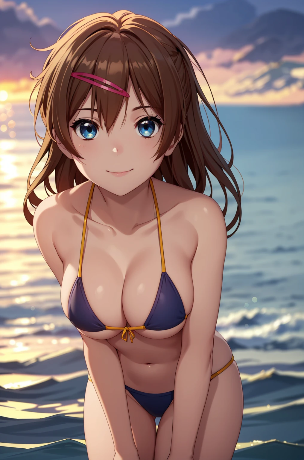 ((masterpiece,  best quality,  high definition , UHD,  Perfect Pixel ,  depth of field, 4K, RTX, HDR)), 1 Girl, single, Alone, 24 years old,  anime girl,  Beautiful Art Style,  anime character , ((Parted bangs, Brown Hair)), ( blue eyes、 round eyes, Delicate eyelashes、Beautiful eyelashes,  perfect eyes), (Detailed face:1.2), ( smooth texture:0.75,  realistic texture:0.65, Realistic:1.2, Cinematic,  anime CG style),  perfect body for a lawn、Moderate breasts:1.7、 micro bikini:1.8、nsfw、 in the sea:1.8、smile:1.8、sunset:1.8、 and I can see my whole body:1.8、Arms behind head:1.8、wind:1.8、 cleavage:1.8、Visible from the thighs:1.8