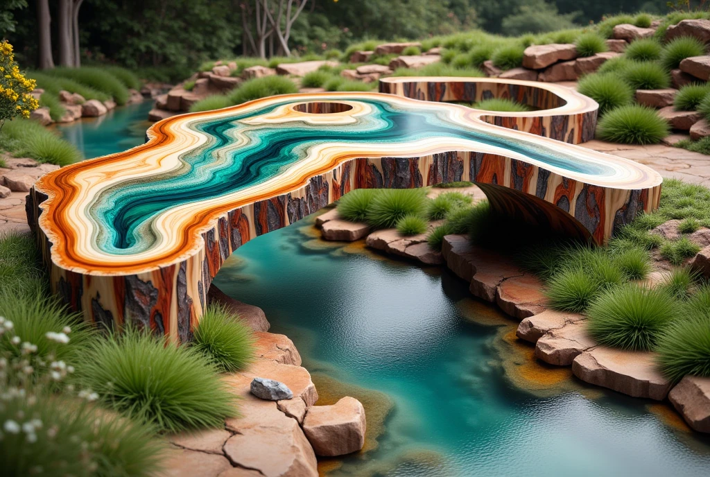 A high-resolution photograph of an unusual bridge. The bridge spans a quaint stream, join8ng two sides of a meadow into a striking piece of art. The bridge has a smooth, polished surface with a mesmerizing, swirling pattern that resembles fluid marble or stone. The colours in the pattern range from deep blues, greens, and purples to earthy tones of brown, orange, and beige, creating a dynamic and organic visual effect. 