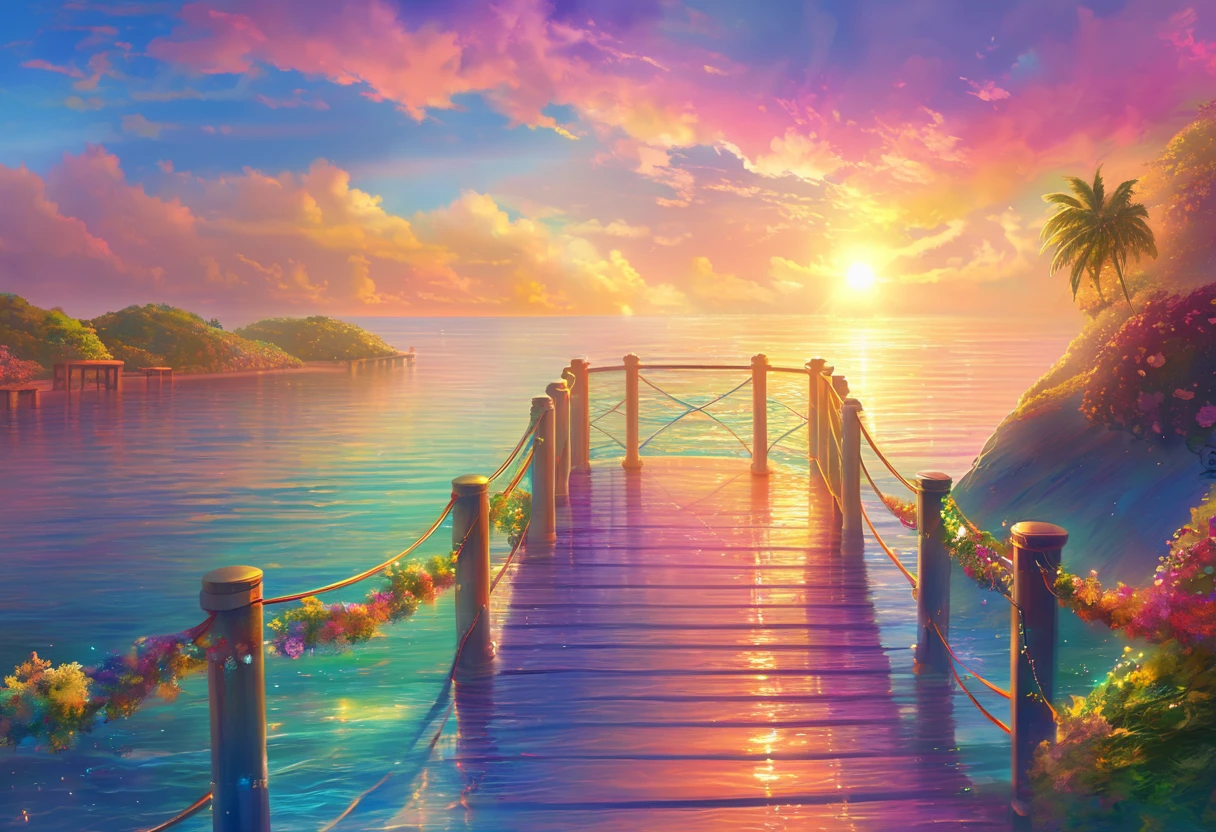 Rainbow Bridge,  beautiful ocean, sunset, Reflected Light,  Dreamy Scenery ,  gentle waves, Glittering Bridges ,  Romantic Vibes