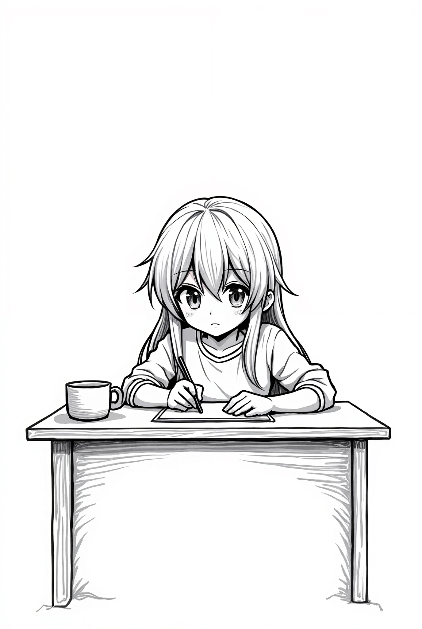 A drawing of a girl sitting at a table with a cup of coffee - SeaArt AI