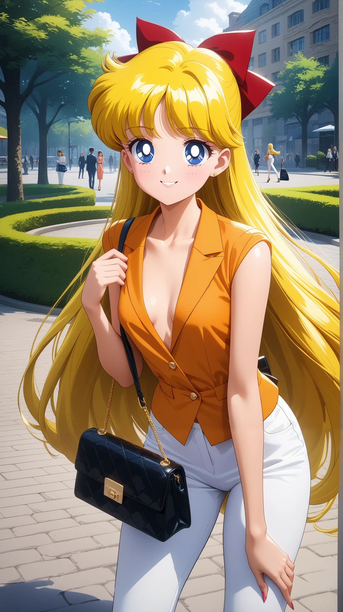 (masterpiece), best quality, very aesthetic, ultra detailed, complex details, 4K, aavenus, blonde hair, blue eyes, small breasts, hair bow, orange business shirt, white formal trousers, women's handbag, high heels, street park, standing sexy poses, smile
