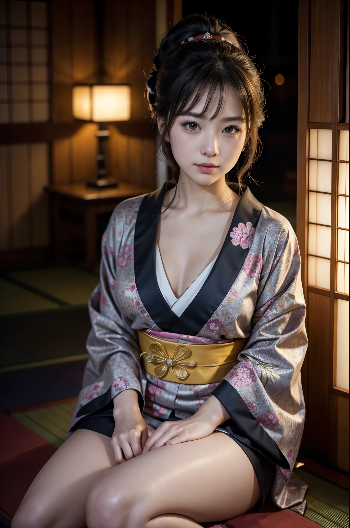 ASİAN, kimono with neckline, wearing top bra, photoshot, realisitic, 14歳, baby face, 120 cm, good contrast, good coloration,