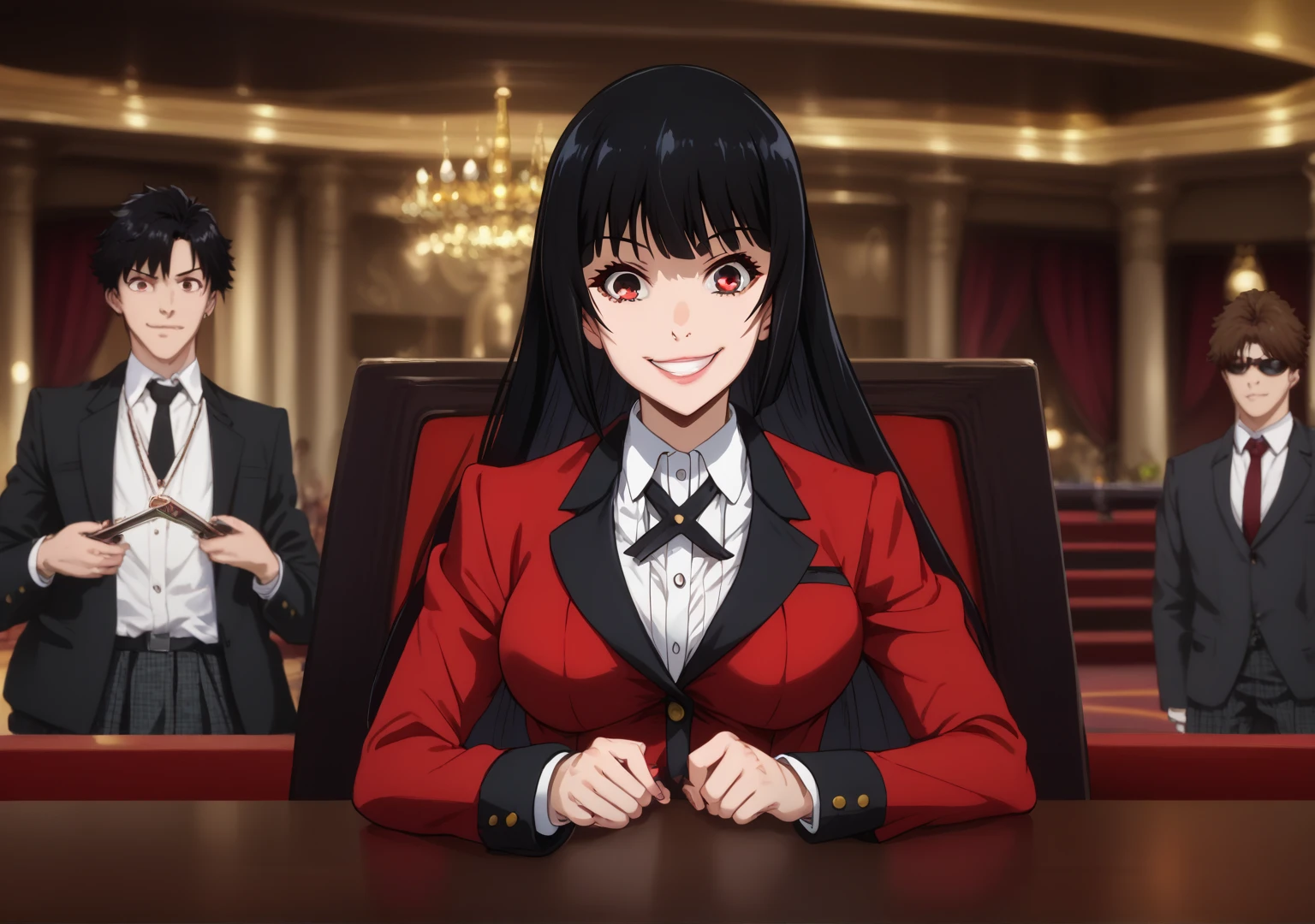 (( top quality )), (( Masterpiece)), (Familiar with),  perfect face, eyelash , Big eyes, SPARKLING GLITTER, background, Casino, Kakegurui, Jabami Yumeko,  school uniform, Bangs,  Red Long Sleeve Outerwear, Black hair, Red eyes,  black eye, Black skirt, Black long tights , Smile softly,sit, Using the handle of the face itself