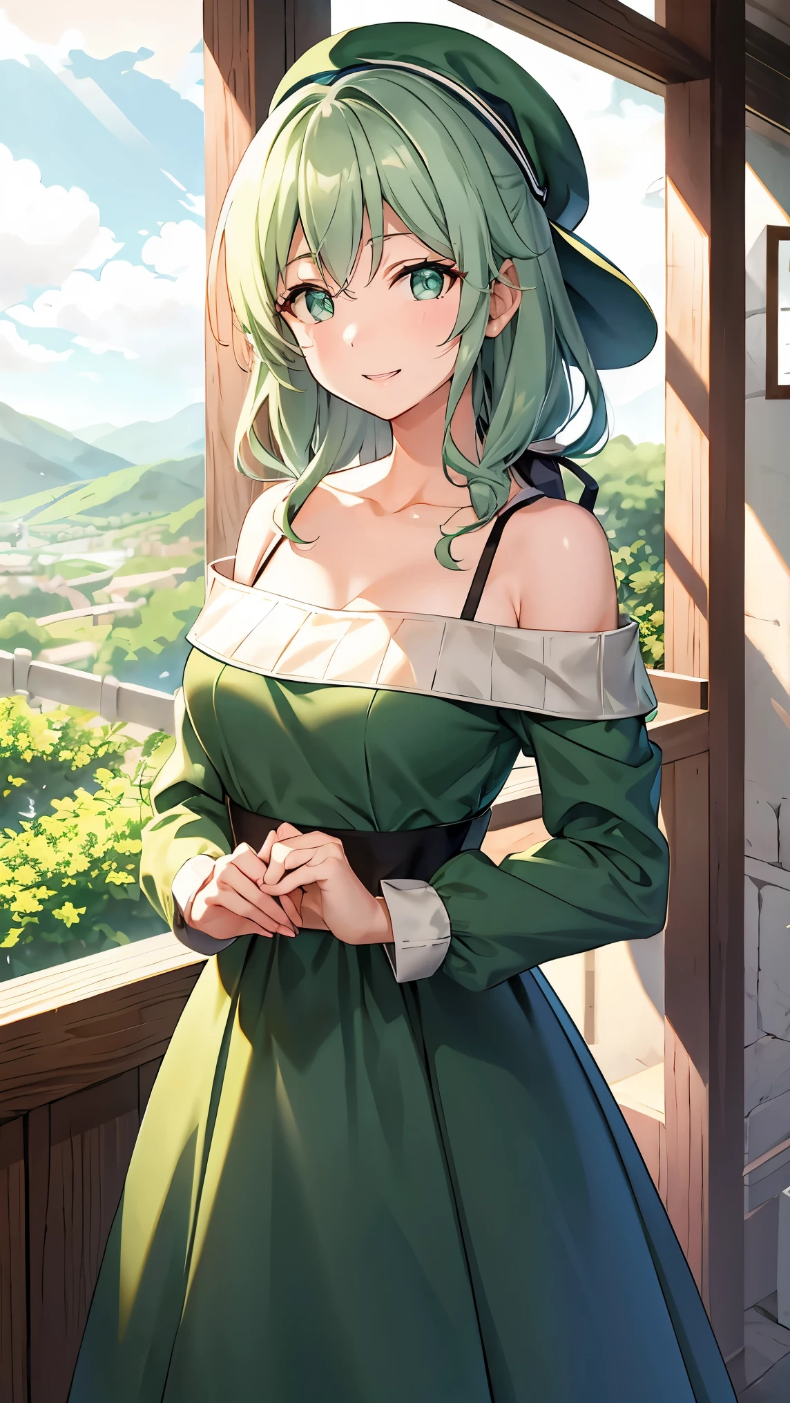 Medium-long shoulder-length green hair,  Small Breasts , Small breasts、Green Eyes, 、(((Ladylike))), full body from head to toe 、 skirt、 and slightly longer sleeves to fit in the palm of your hand、Feminine clothing、Knitted hat、Chuckle、(())、、A great view、Inside the car、 chatting 、Stylish、Looking at the view outside、 sideways、、 realistic background、