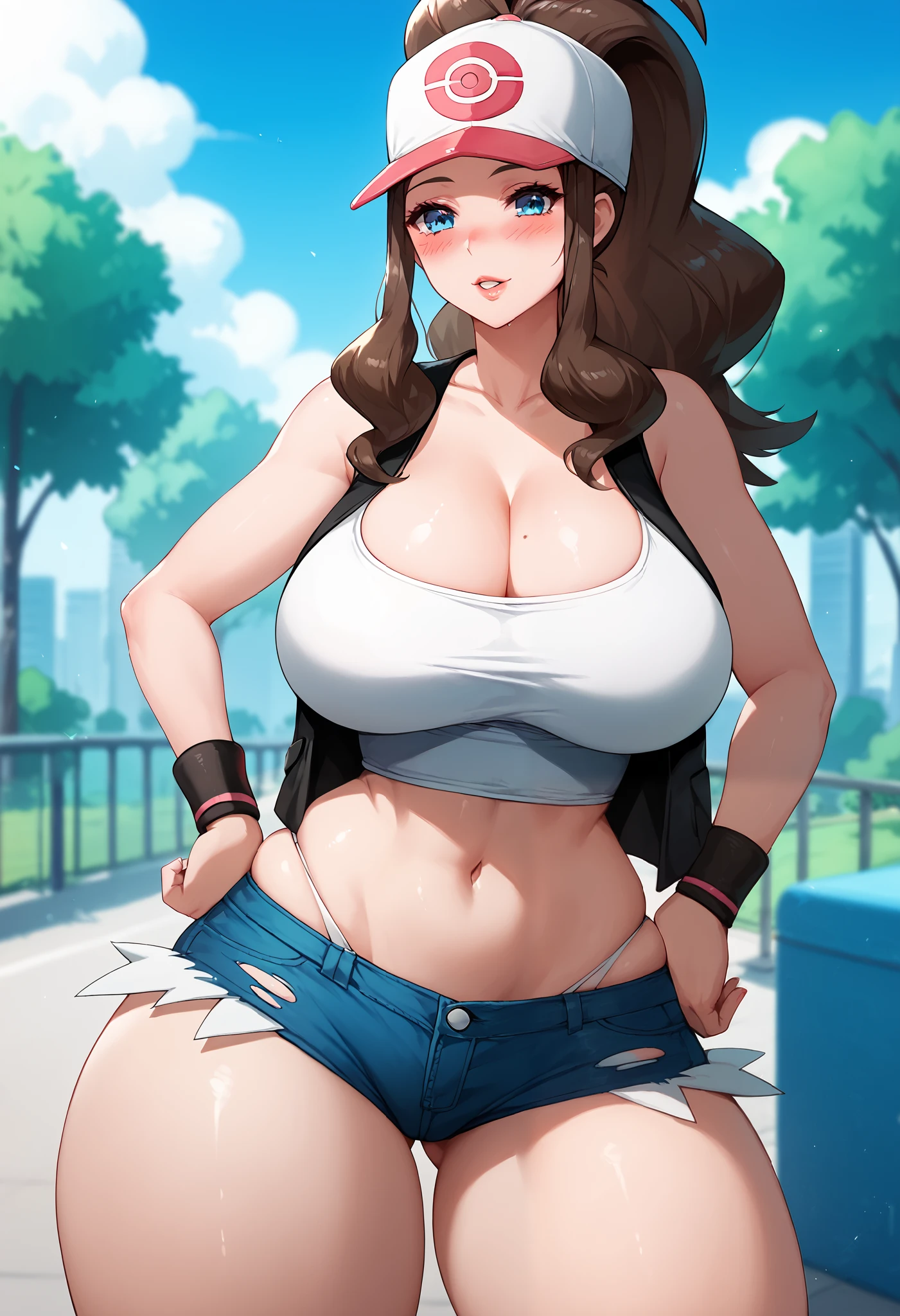 Perfect CG unity 8K UHD wallpaper(american girl, huge breasts, hilda pokemon, white baseball cap, high ponytail, long hair, vibrant glowing blue eyes, blushing, thick thighs, perfect masterpiece, best quality, best resolution, denim shorts, denim, micro short, vest, wristband, sleeveless, white croptop, exposed navel, black vest, sleeveless shirt, collarbone, outdoors, city park, cleavage, skindentation, standing, hands on hip, 