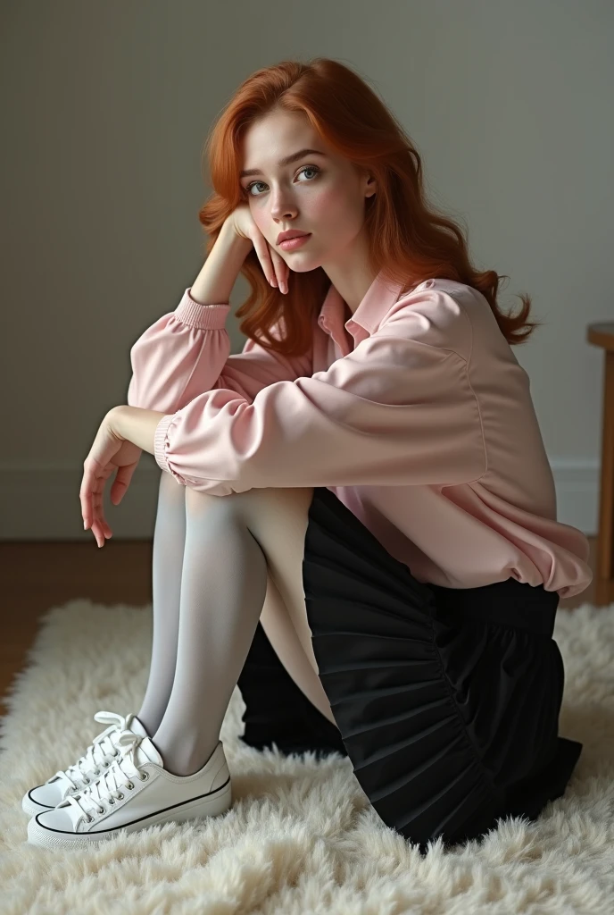 hyper realistic French woman dressed in pink blouse and black pleated skirt, light gray nylon tights and white sneakers sitting on a carpet with her legs folded like a little mermaid