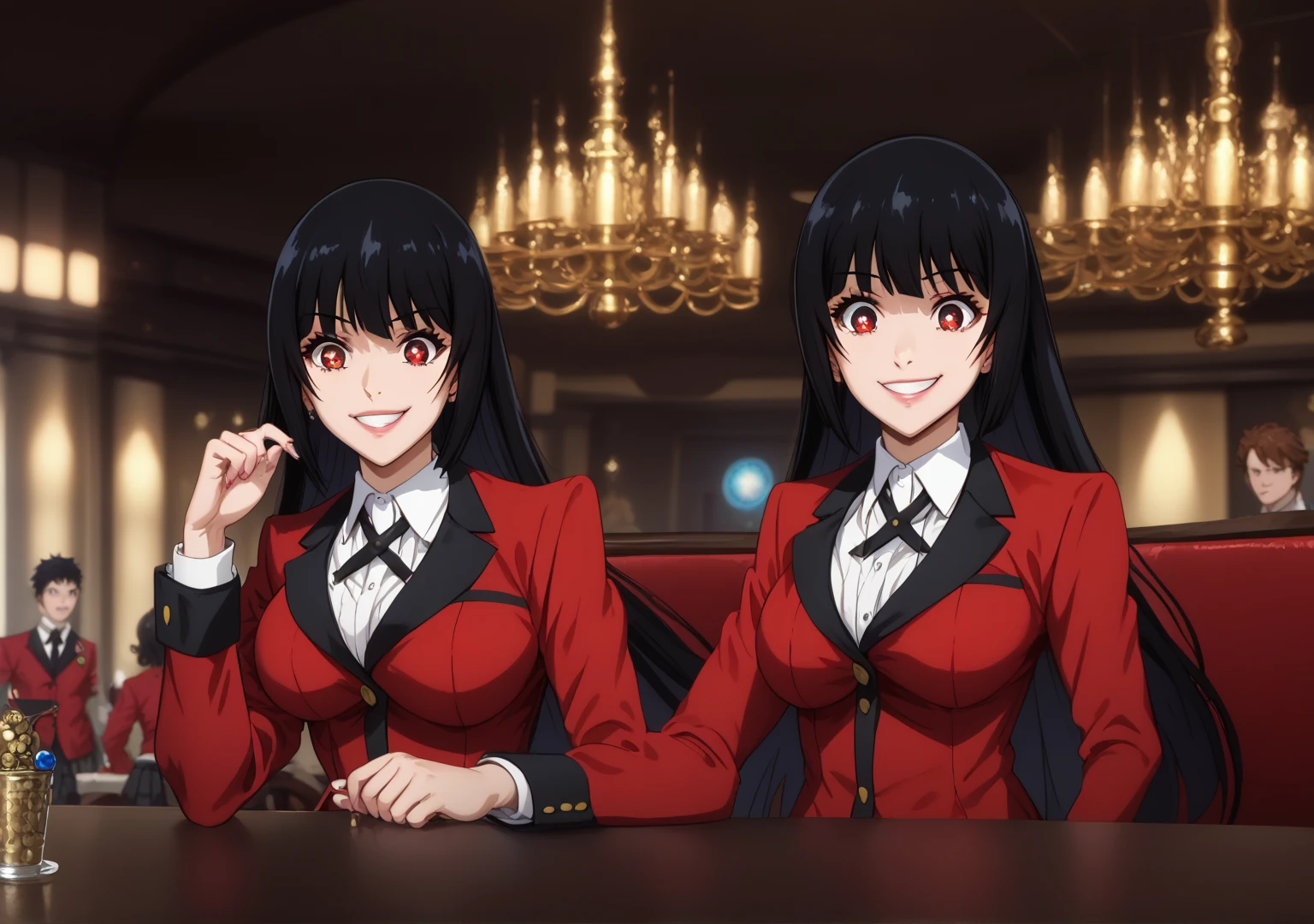 (( top quality )), (( Masterpiece)), (Familiar with),  perfect face, eyelash , Big eyes, SPARKLING GLITTER, background, Casino, Kakegurui, Jabami Yumeko,  school uniform, Bangs,  Red Long Sleeve Outerwear, Black hair, Red eyes, Black pupil, Black skirt, Black long tights , Smile softly,sit, Using the handle of the face itself