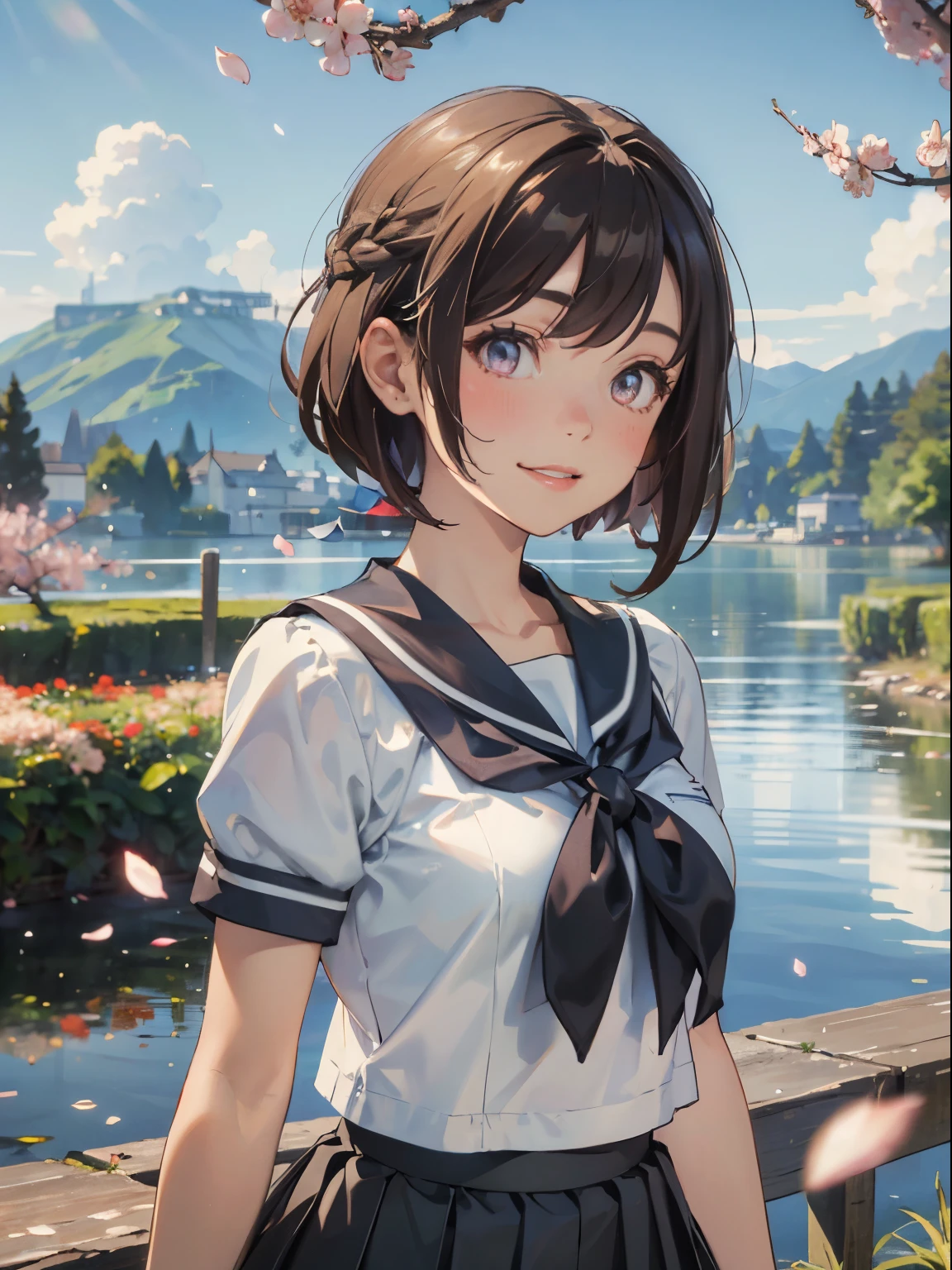 ((upper body)), black hair, short hair, best quality, (masterpiece:1.2), highly detailed, upper body, 1girl, solo, standing, looking at the viewer, smile, teeth, serafuku, black skirt, pleated skirt, ((mini skirt)), short sleeves, Outdoors, depth of filed, Light on Face, Portrait, sun light, skyporn, Smile, gloweyes, Lens Flare, Rural, country,Floating hair, flower, tree, lake, A hill, cloud, cherry blossoms fall, ((Background of falling petals))