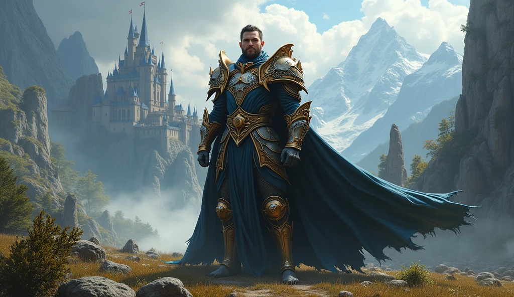 Wide shot of a effeff9 man warrior with shining armor descending from heaven, lifelike, super highly detailed, professional digital painting, artstation, concept art, Unreal Engine 5, HD quality, 8k resolution, beautiful, cinematic, art by artgerm and greg rutkowski and alphonse mucha and loish and WLOP