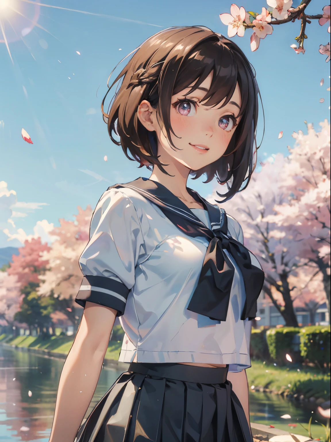 ((upper body)), black hair, short hair, best quality, (masterpiece:1.2), highly detailed, upper body, 1girl, solo, standing, looking at the viewer, smile, teeth, serafuku, black skirt, pleated skirt, ((mini skirt)), short sleeves, Outdoors, depth of filed, Light on Face, Portrait, sun light, skyporn, Smile, gloweyes, Lens Flare, Rural, country,Floating hair, flower, tree, lake, A hill, cloud, cherry blossoms fall, ((Background of falling petals))