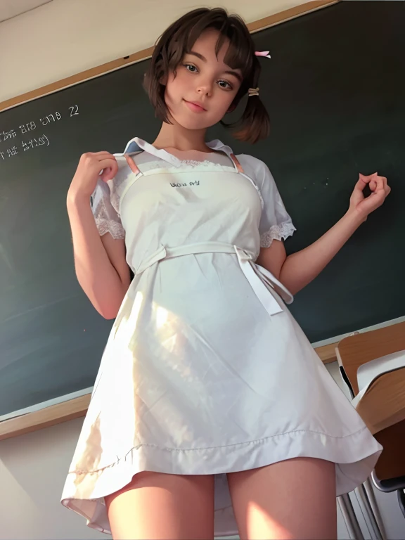 shape dark brown dress ,  white guipure lace apron  schoolgirl standing at the blackboard in class, answers lesson ,  realistic photo of the 70s , 