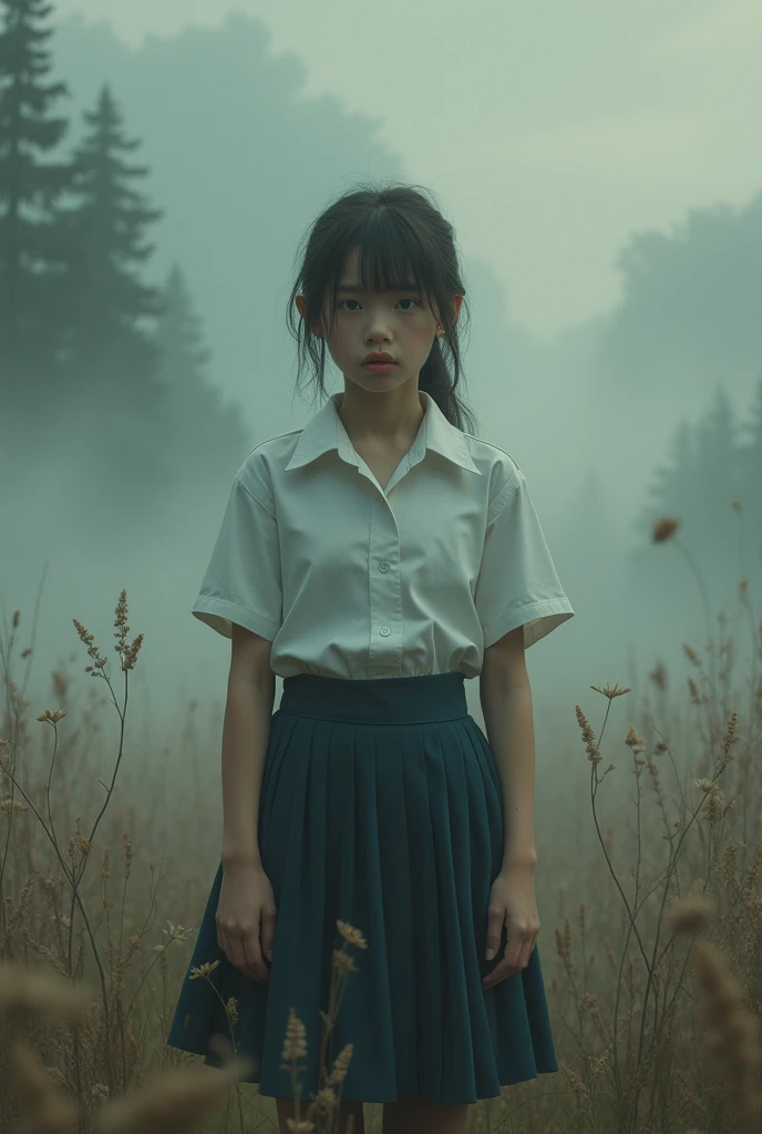 RAW, Photorealistic, a beautiful indonesian girl, chubby, cry, face facing upwards, fall, look scared expression, white shirt, highschool skirt, converse shoes, hyper realistic, dark sky, heavy rain, wet, in a rain forest, quiet atmosphere, alone, dark place, intricately detailed, cinematic, horror camera filter, sharp focus, dynamic pose, long shot, front view