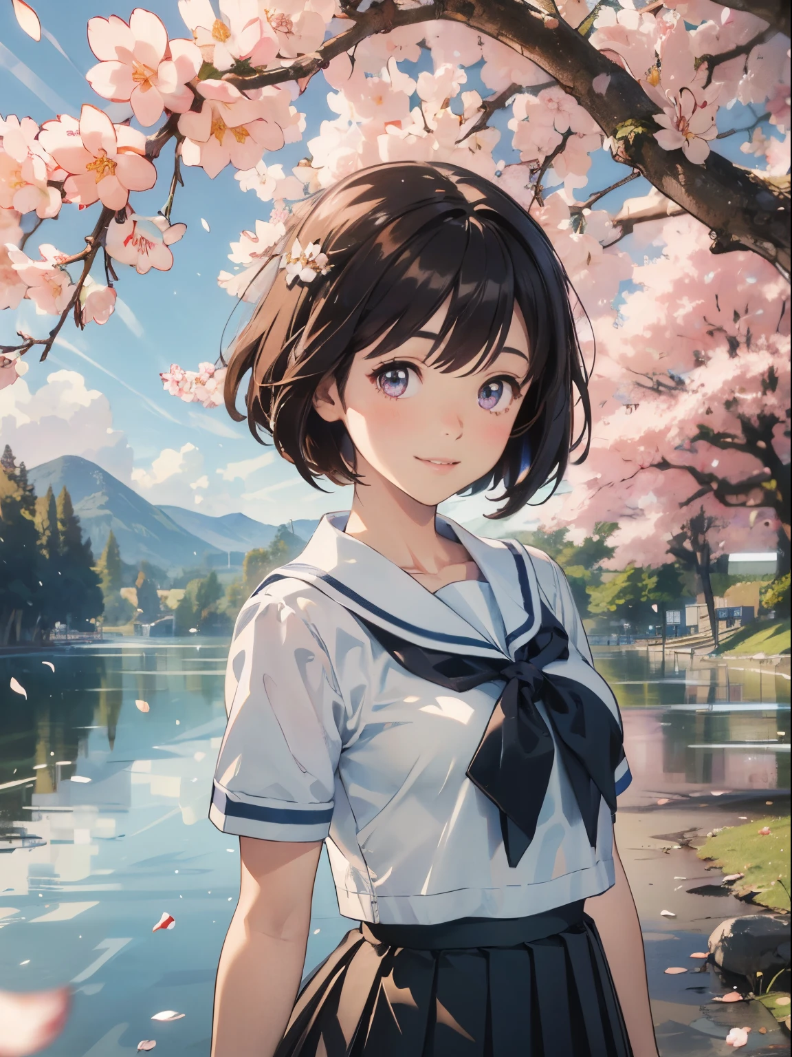 ((upper body)), black hair, short hair, best quality, (masterpiece:1.2), highly detailed, upper body, 1girl, solo, standing, looking at the viewer, smile, teeth, serafuku, black skirt, pleated skirt, ((mini skirt)), short sleeves, Outdoors, depth of filed, Light on Face, Portrait, sun light, skyporn, Smile, gloweyes, Lens Flare, Rural, country,Floating hair, flower, tree, lake, A hill, cloud, cherry blossoms fall, ((Background of falling petals))