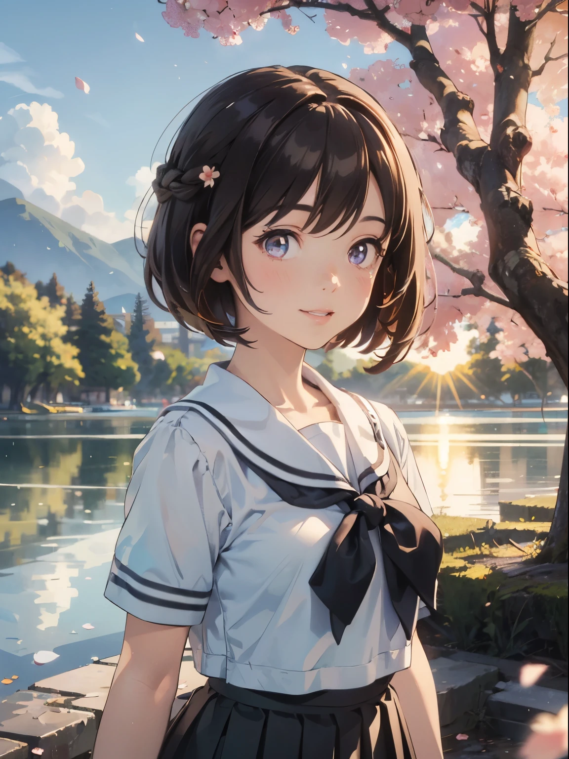 ((upper body)), black hair, short hair, best quality, (masterpiece:1.2), highly detailed, upper body, 1girl, solo, standing, looking at the viewer, smile, teeth, serafuku, black skirt, pleated skirt, ((mini skirt)), short sleeves, Outdoors, depth of filed, Light on Face, Portrait, sun light, skyporn, Smile, gloweyes, Lens Flare, Rural, country,Floating hair, flower, tree, lake, A hill, cloud, cherry blossoms fall, ((Background of falling petals))