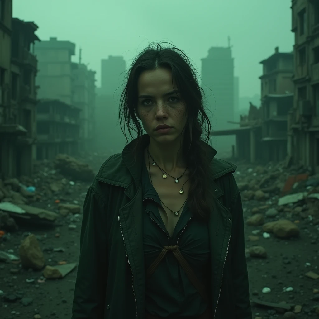 Portrait of a beautiful 26-year-old woman , She is  ,  tired and with part of her clothes torn .  She has an expression of deep sadness. She is in an apocalyptic scene , A destroyed city .  The image is predominantly green . 