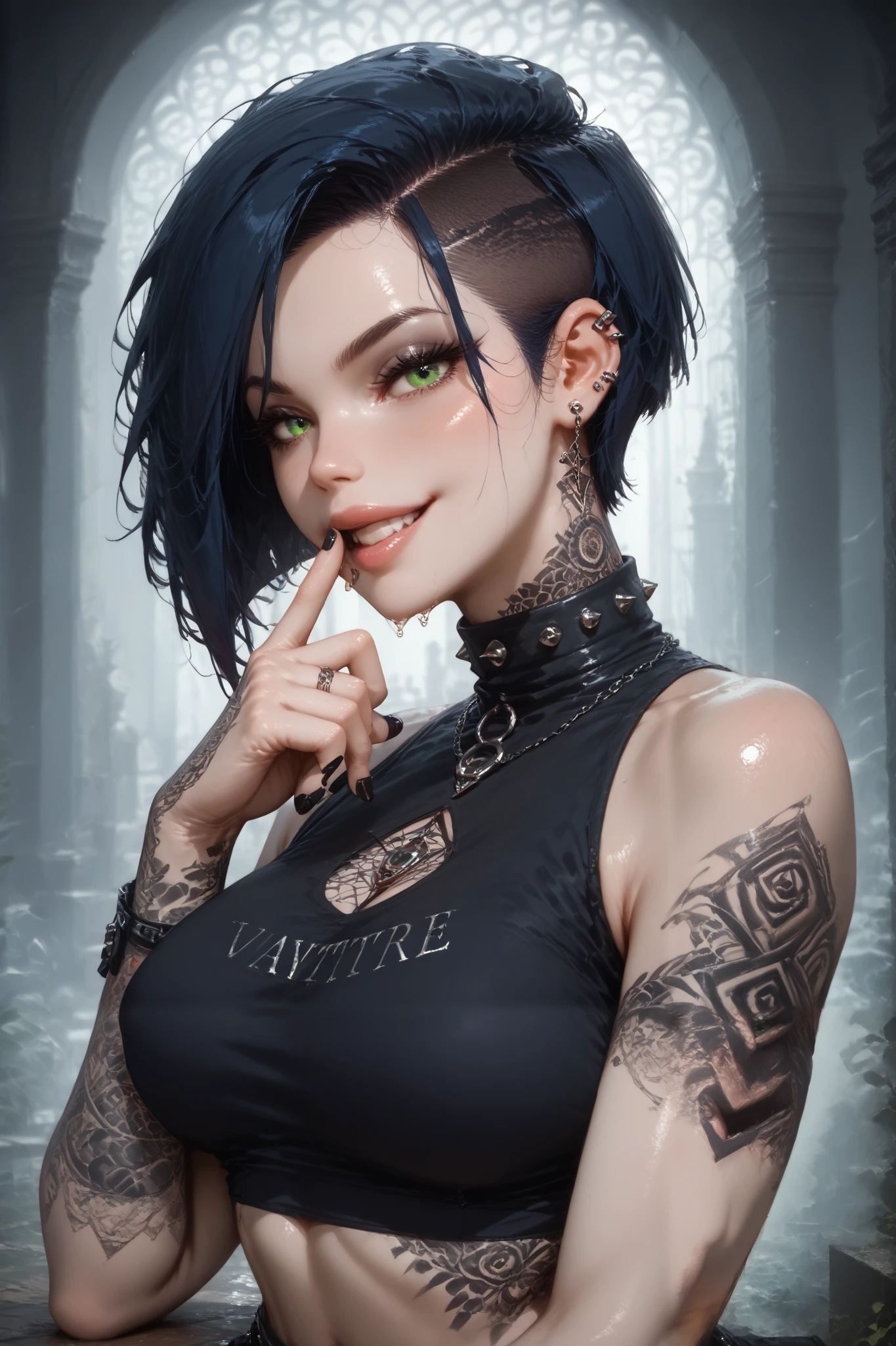  finger in own mouth,woman, goth, green eyes, short hair, undercut hair,sexy,good body,curvy,Shine,Posing in full growth,Black and red color of clothes,Body parts are visible,not naked,Attractive,evil smile,mystical atmosphere,Flirting with the audience,Bright purple eyes,Clear Elaboration of Details,Maximum Detail,high resolution,wallpaper,masterpiece,dark blue hair,The whole picture is clearly and clearly worked out,