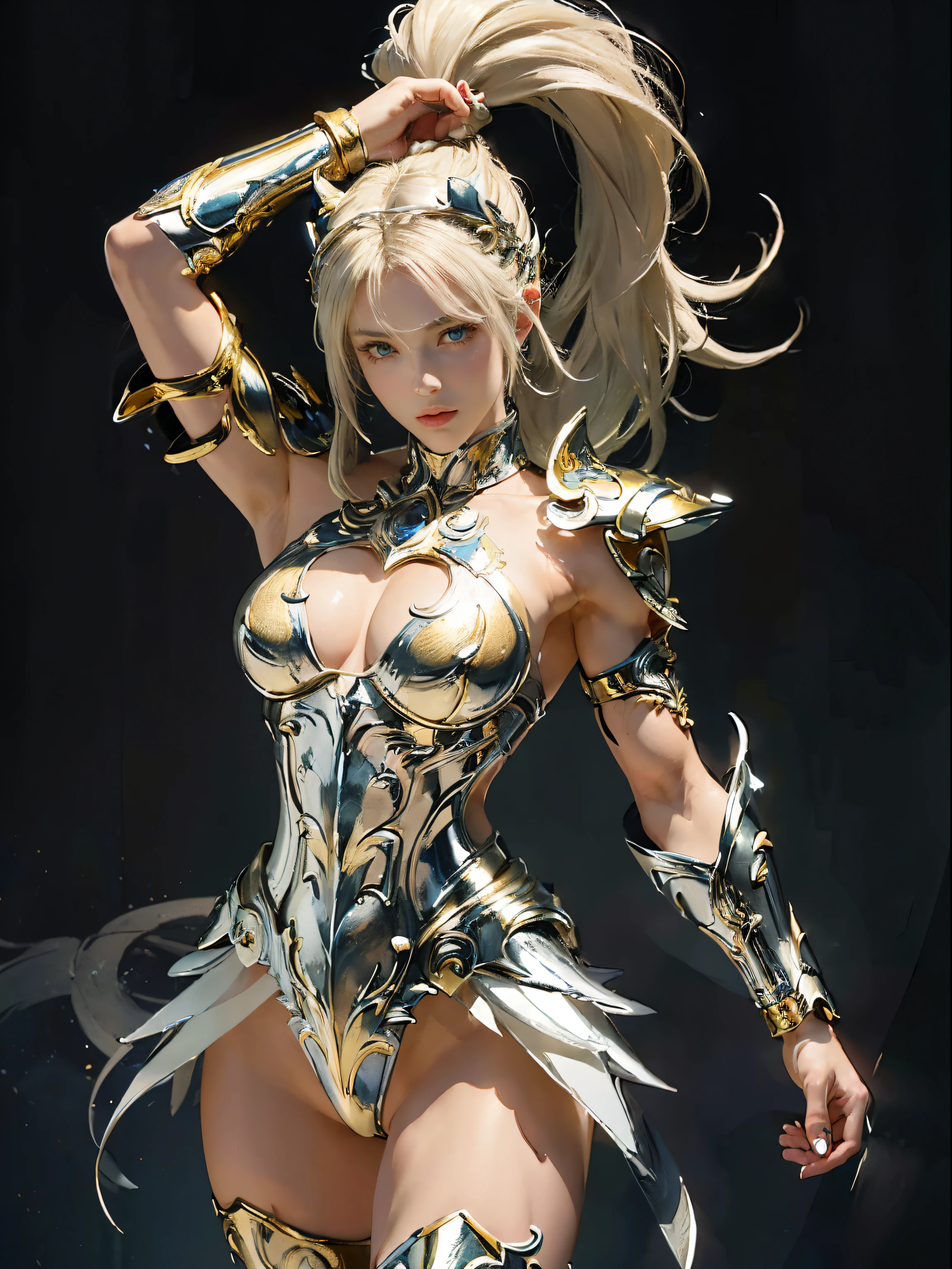 ((( best quality: 1.4))),( A masterpiece like no other ), ( Ultra High Definition),(Ultra-realistic 8K CG), (((Adult body))), ((( one girl))), ((( short ponytail hair  ))),   Perfect Body ,,Beautifully groomed face, ( muscular body flowing through a bowl:1.4), ( Saint Seiya God Pegasus Cloth ,  headgear , White hair ornament), Detailed Breastplate,  gauntlet 、 standing, ( Head to Thigh Images ),((  White Blonde Short Hair  )),,  Simon Bisley's Urban Savage Style,Detailed ancient roman background,Beautiful Abs, Complex Equipment, Gold with blue stars and blue stripes , Pegasus Cloth Armor , Venom Tattoo,  ( don't include symbols : 0.8)