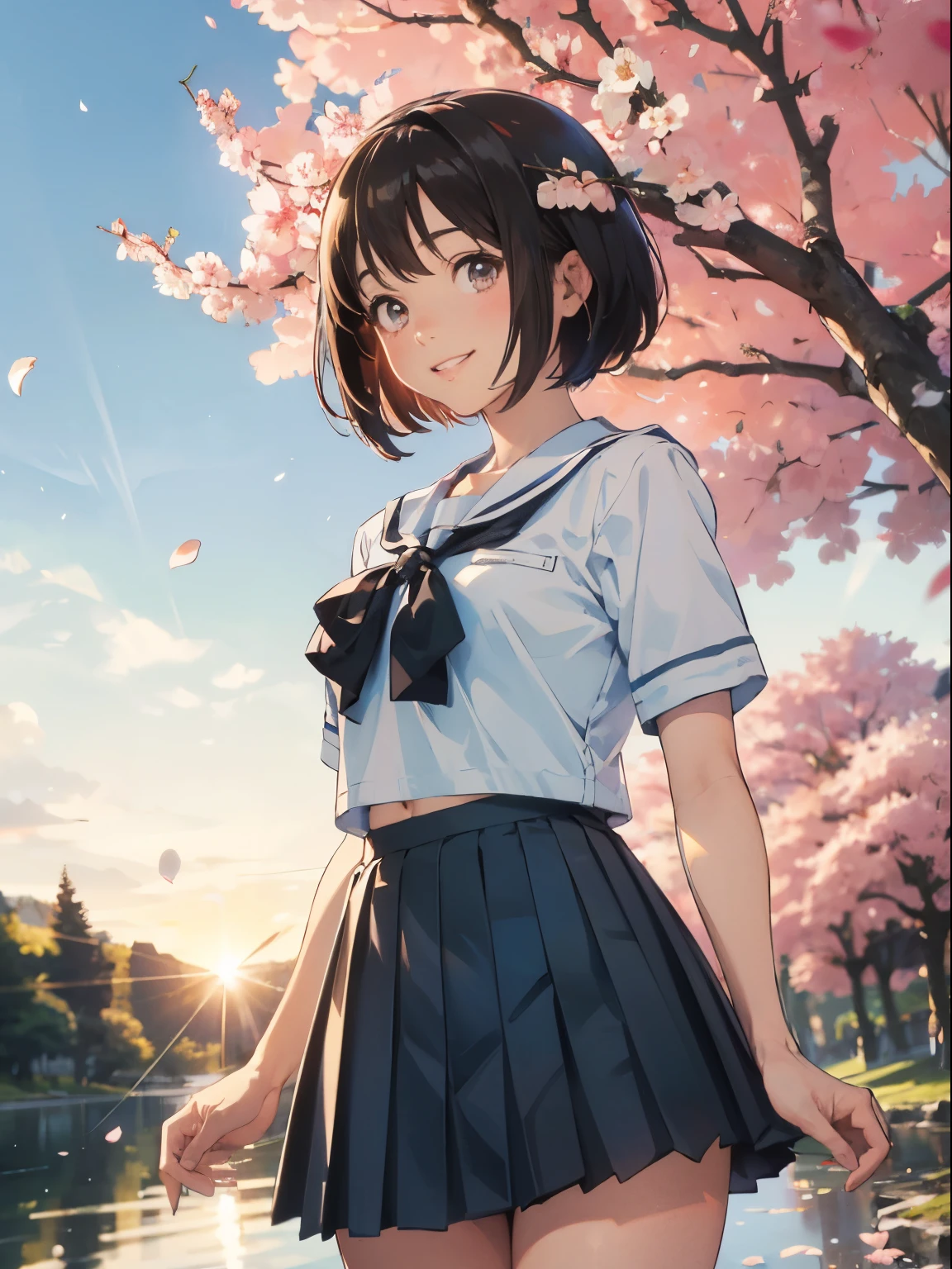 ((upper body)), black hair, short hair, best quality, (masterpiece:1.2), highly detailed, upper body, 1girl, solo, standing, looking at the viewer, smile, teeth, serafuku, black skirt, pleated skirt, ((mini skirt)), ((thighs)),cowboy shot, short sleeves, Outdoors, depth of filed, Light on Face, Portrait, sun light, skyporn, Smile, gloweyes, Lens Flare, Rural, country,Floating hair, flower, tree, lake, A hill, cloud, cherry blossoms fall, ((Background of falling petals))