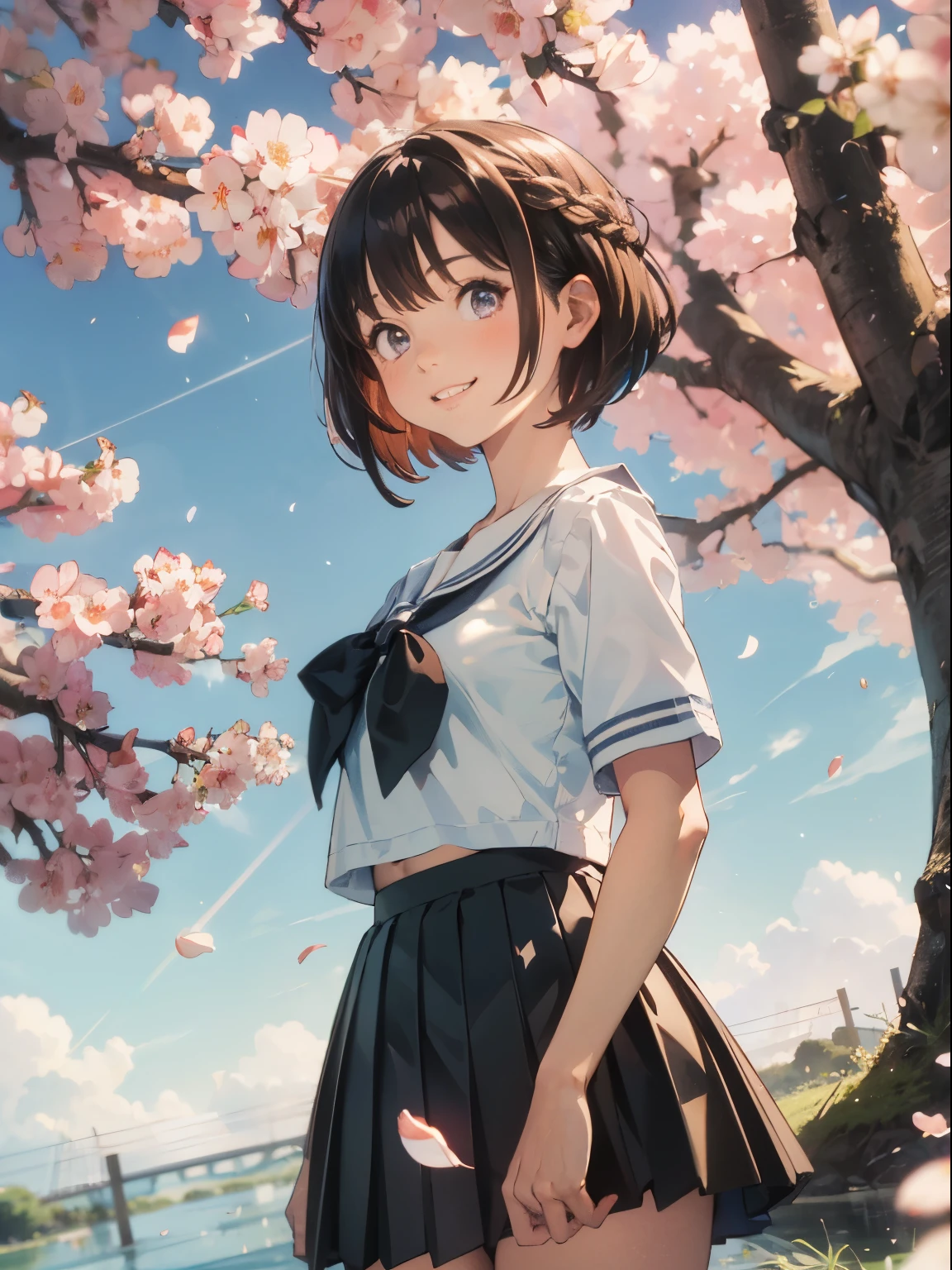 ((upper body)), black hair, short hair, best quality, (masterpiece:1.2), highly detailed, upper body, 1girl, solo, standing, looking at the viewer, smile, teeth, serafuku, black skirt, pleated skirt, ((mini skirt)), ((thighs)),cowboy shot, short sleeves, Outdoors, depth of filed, Light on Face, Portrait, sun light, skyporn, Smile, gloweyes, Lens Flare, Rural, country,Floating hair, flower, tree, lake, A hill, cloud, cherry blossoms fall, ((Background of falling petals))